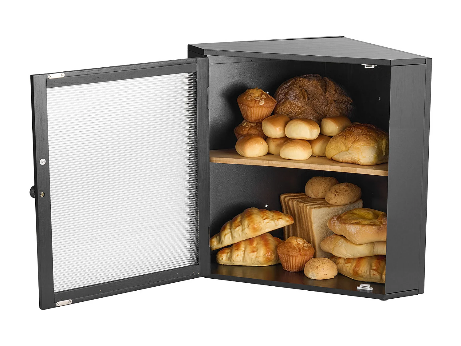 Boîte à Pain SucceBuy d'Angle à 2 Niveaux pour Comptoir de Cuisine, Grand Espace de Rangement avec Portes en Acrylique Ondulé, Design Rustique, Noir