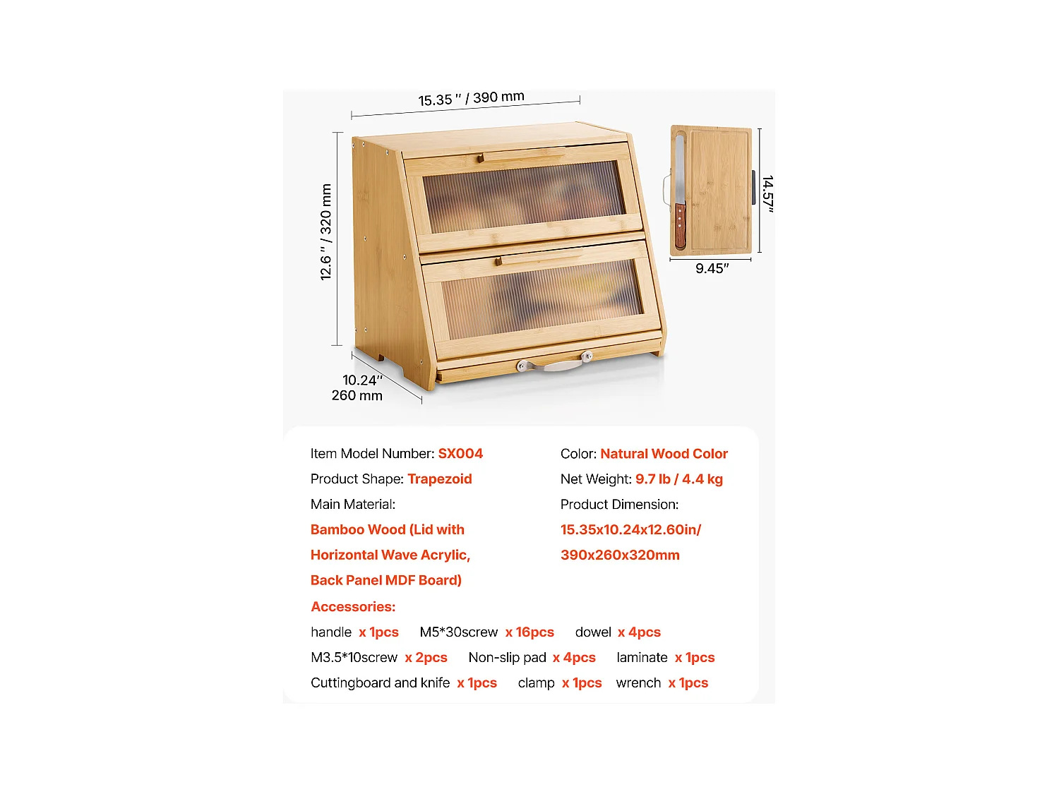 Brotkasten SucceBuy Zweistufig für Küchentheke, Aufbewahrungsraum für Brot mit Rustikalem Design, Große Kapazität, mit Gewellter Acrylklappe