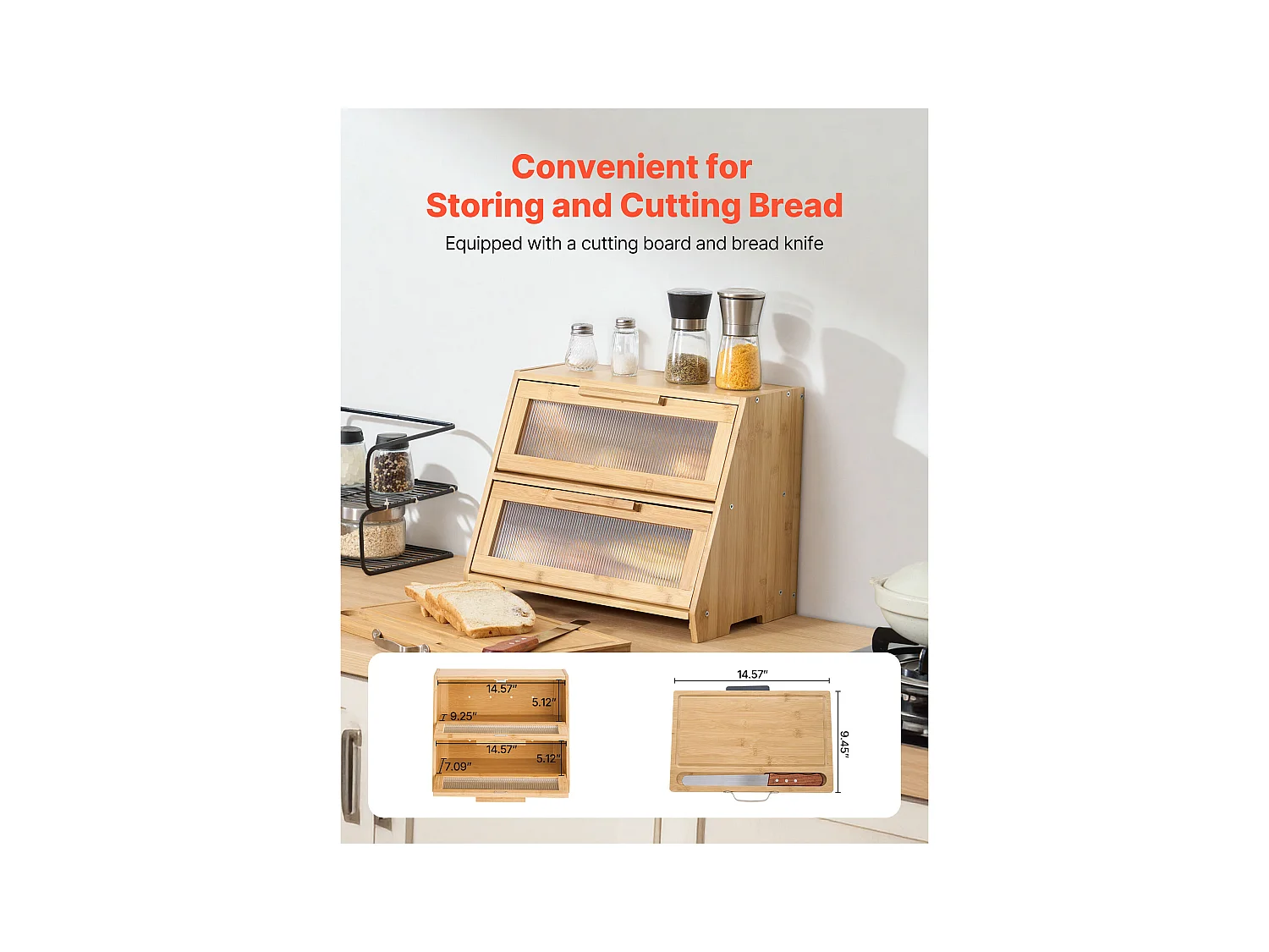 Brotkasten SucceBuy Zweistufig für Küchentheke, Aufbewahrungsraum für Brot mit Rustikalem Design, Große Kapazität, mit Gewellter Acrylklappe