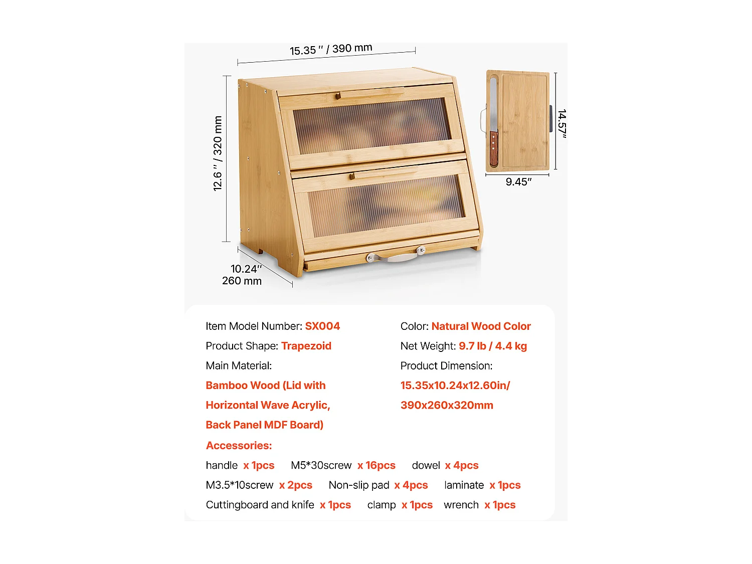 Brotkasten SucceBuy Zweistufig für Küchentheke, Aufbewahrungsraum für Brot mit Rustikalem Design, Große Kapazität, mit Gewellter Acrylklappe