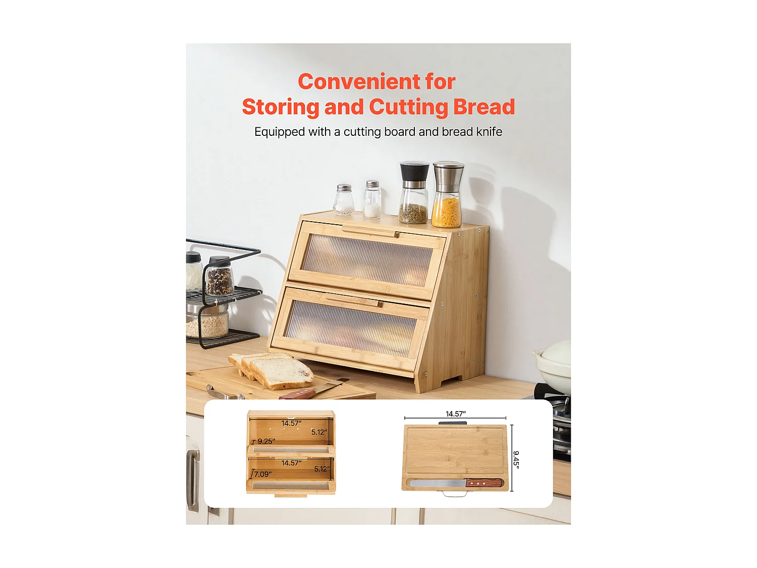 Brotkasten SucceBuy Zweistufig für Küchentheke, Aufbewahrungsraum für Brot mit Rustikalem Design, Große Kapazität, mit Gewellter Acrylklappe