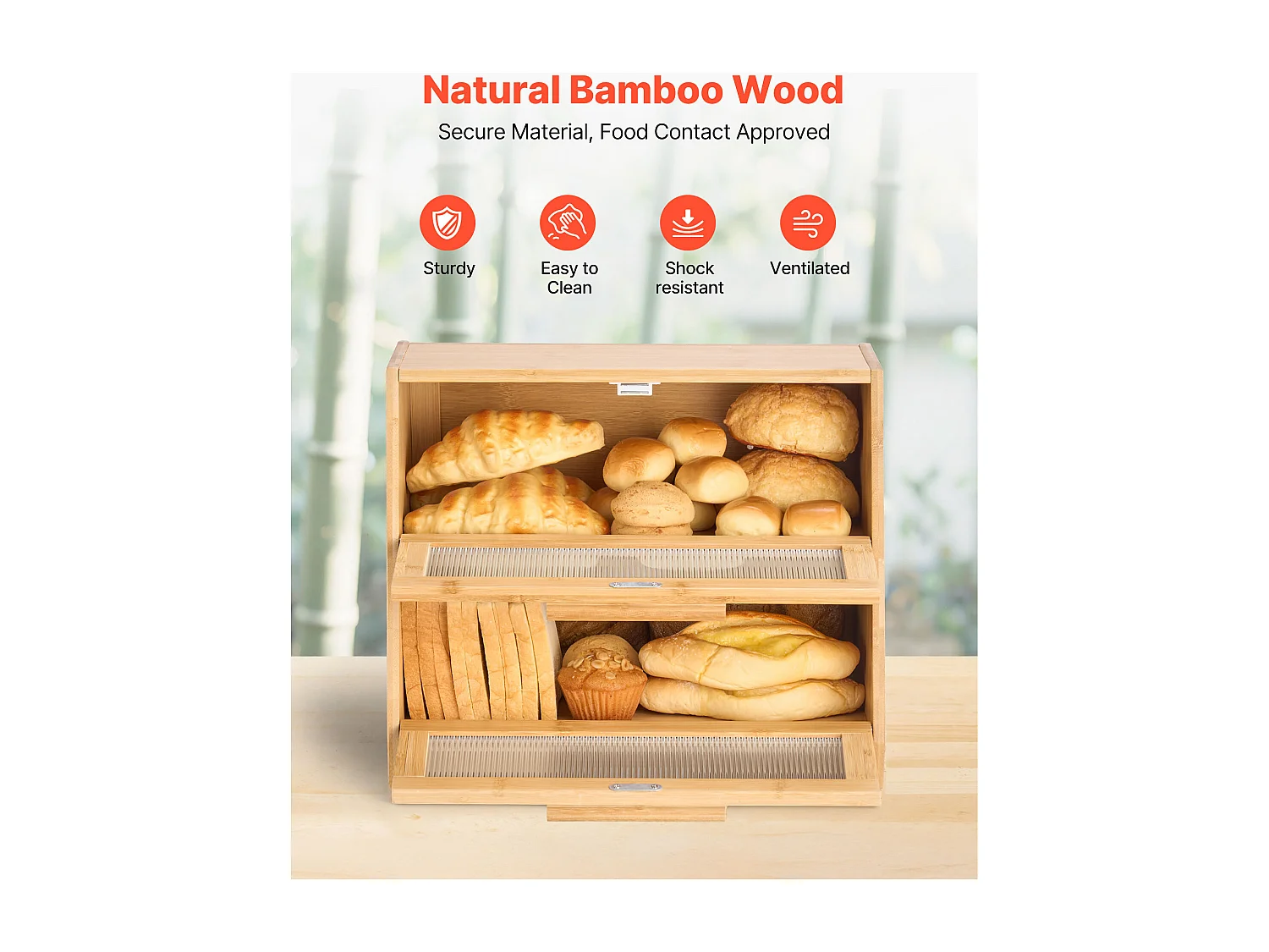 Brotkasten SucceBuy Zweistufig für Küchentheke, Aufbewahrungsraum für Brot mit Rustikalem Design, Große Kapazität, mit Gewellter Acrylklappe