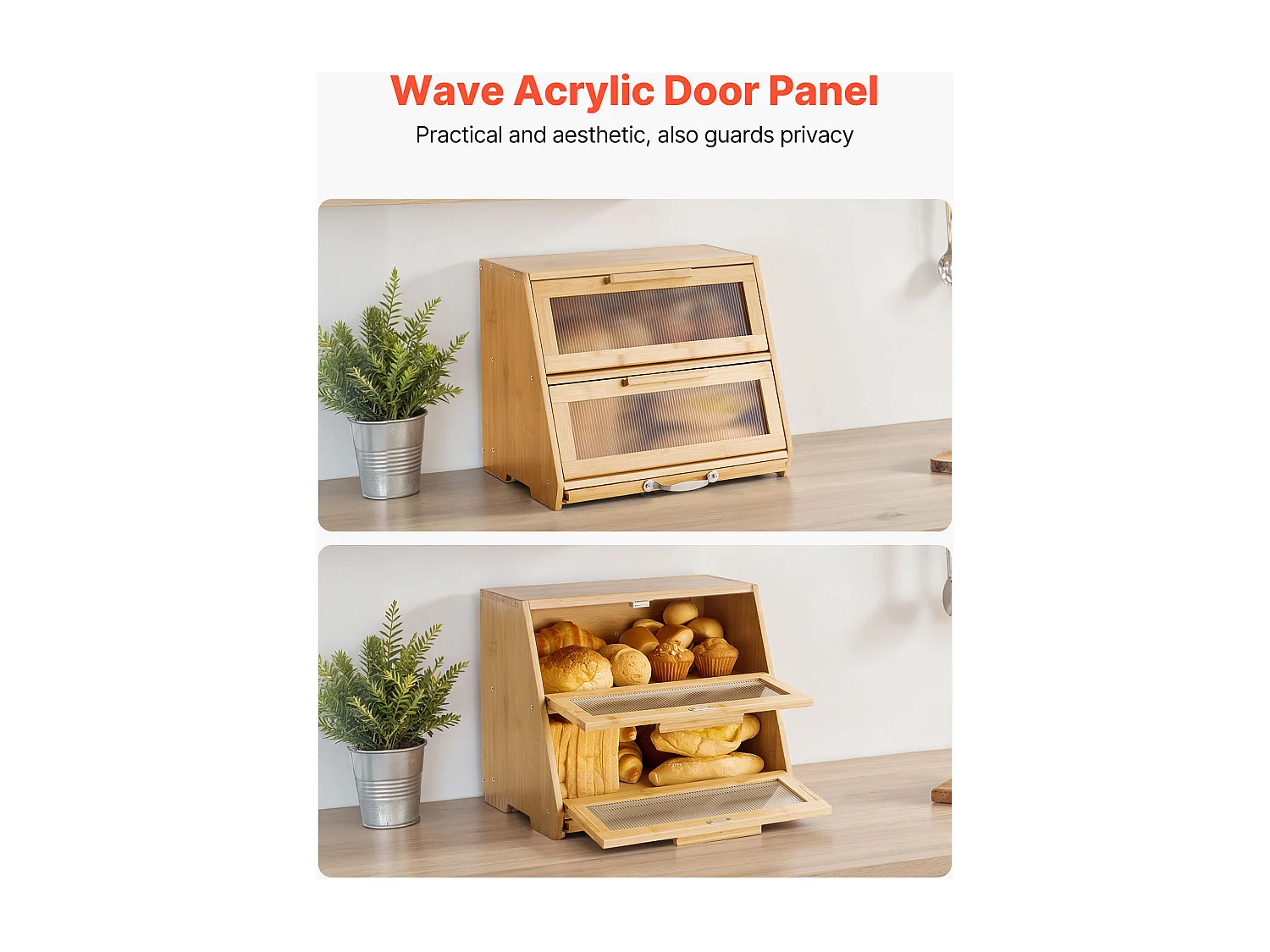 Brotkasten SucceBuy Zweistufig für Küchentheke, Aufbewahrungsraum für Brot mit Rustikalem Design, Große Kapazität, mit Gewellter Acrylklappe