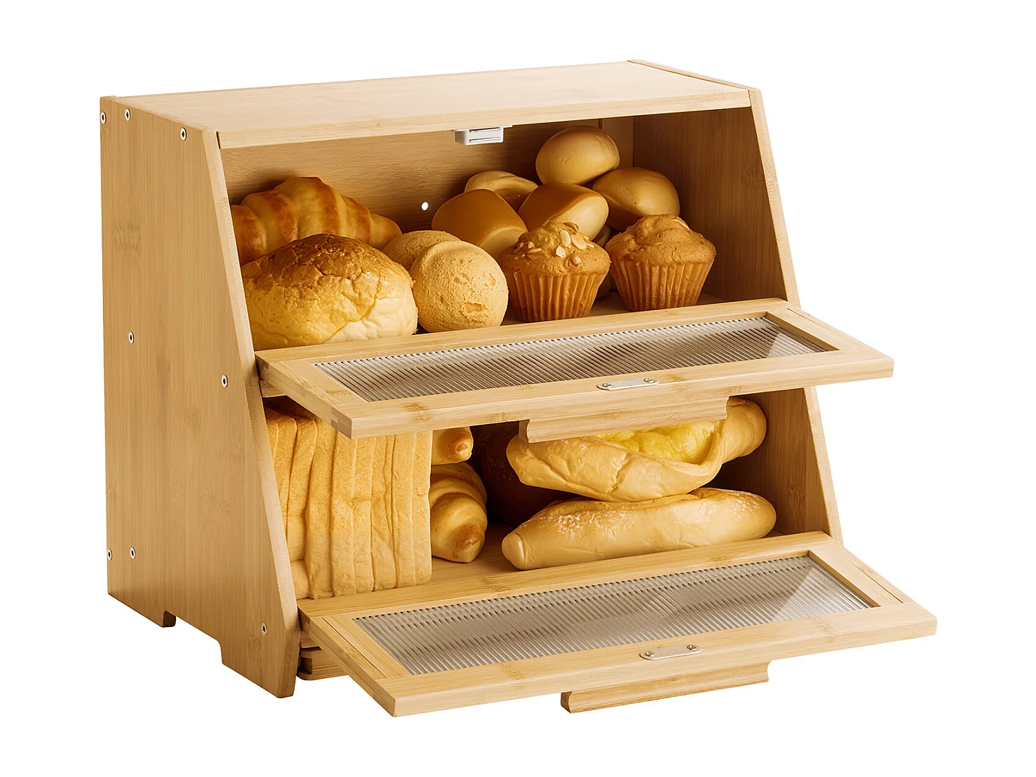 Brotkasten SucceBuy Zweistufig für Küchentheke, Aufbewahrungsraum für Brot mit Rustikalem Design, Große Kapazität, mit Gewellter Acrylklappe