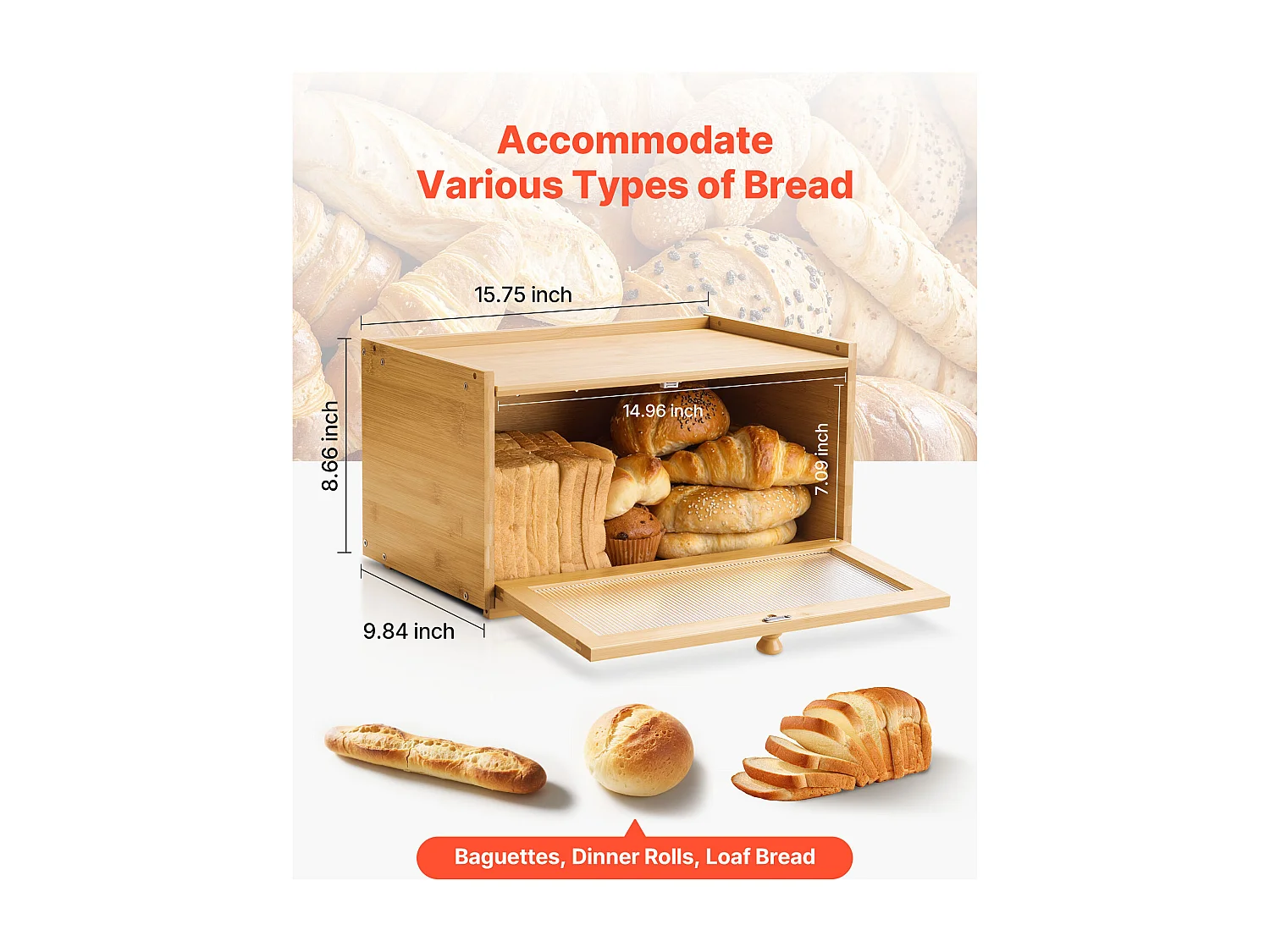 Pojemnik na Chleb SucceBuy Drewniany do Blatu Kuchennego, Pojemne Przechowywanie Chleba z Falistą Akrylową Klapą, Rustykalny i Naturalny Design