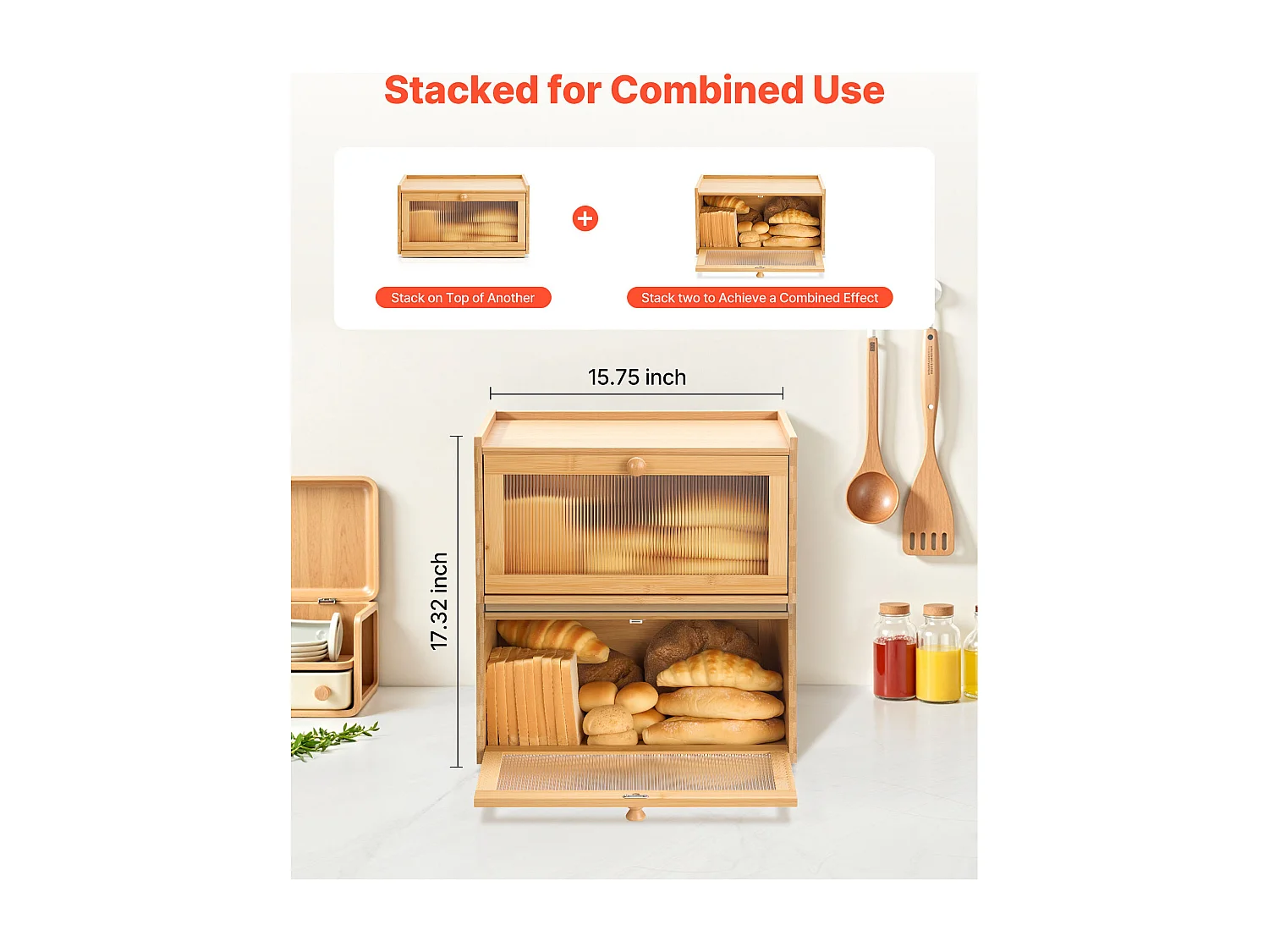 Pojemnik na Chleb SucceBuy Drewniany do Blatu Kuchennego, Pojemne Przechowywanie Chleba z Falistą Akrylową Klapą, Rustykalny i Naturalny Design