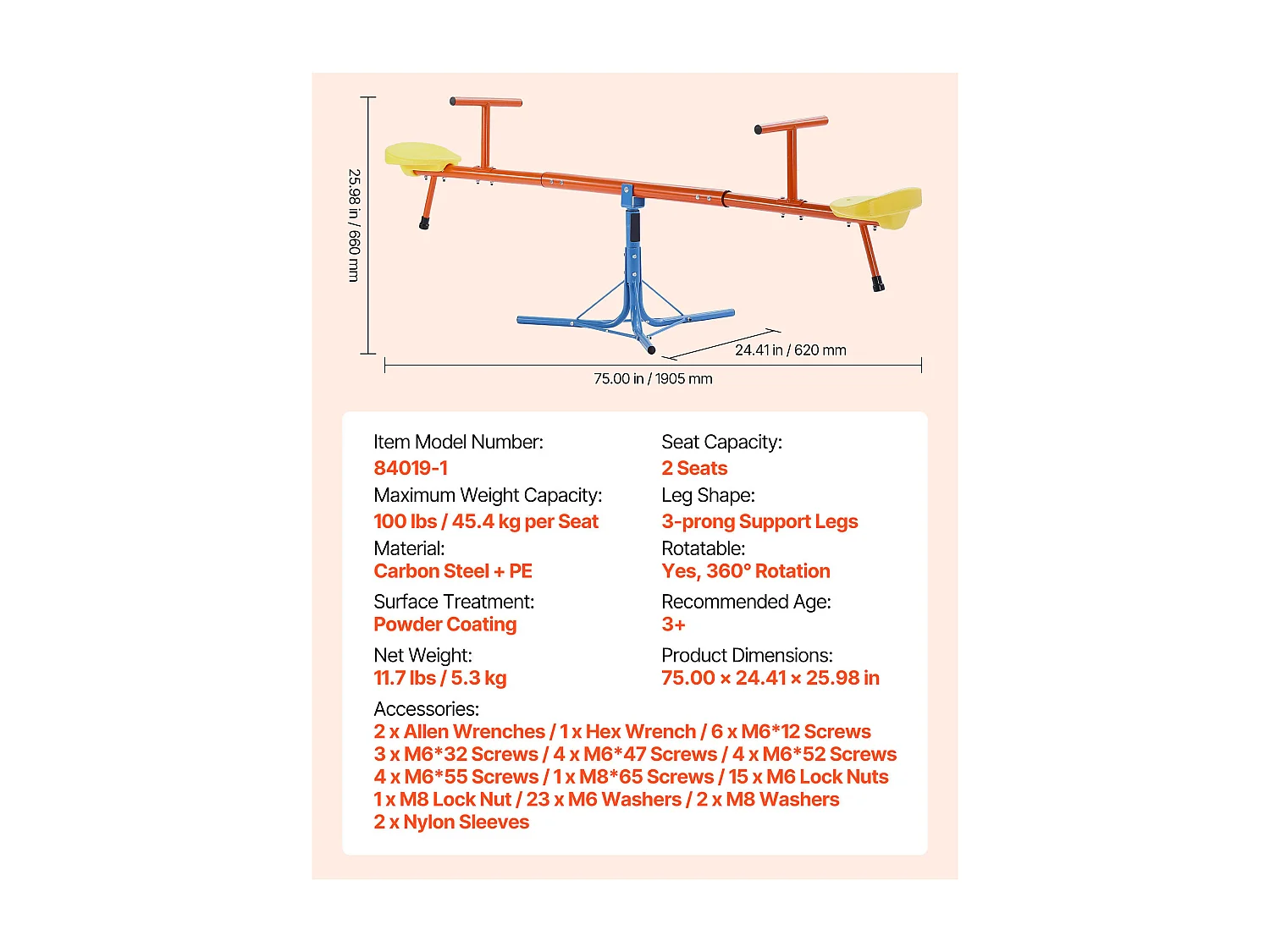 Columpio de Balancín SucceBuy para Niños, Capacidad 45,4 kg por Asiento, con Asas Ergonométricas, Patas de Soporte de 3 Ramas, Rotación 360°