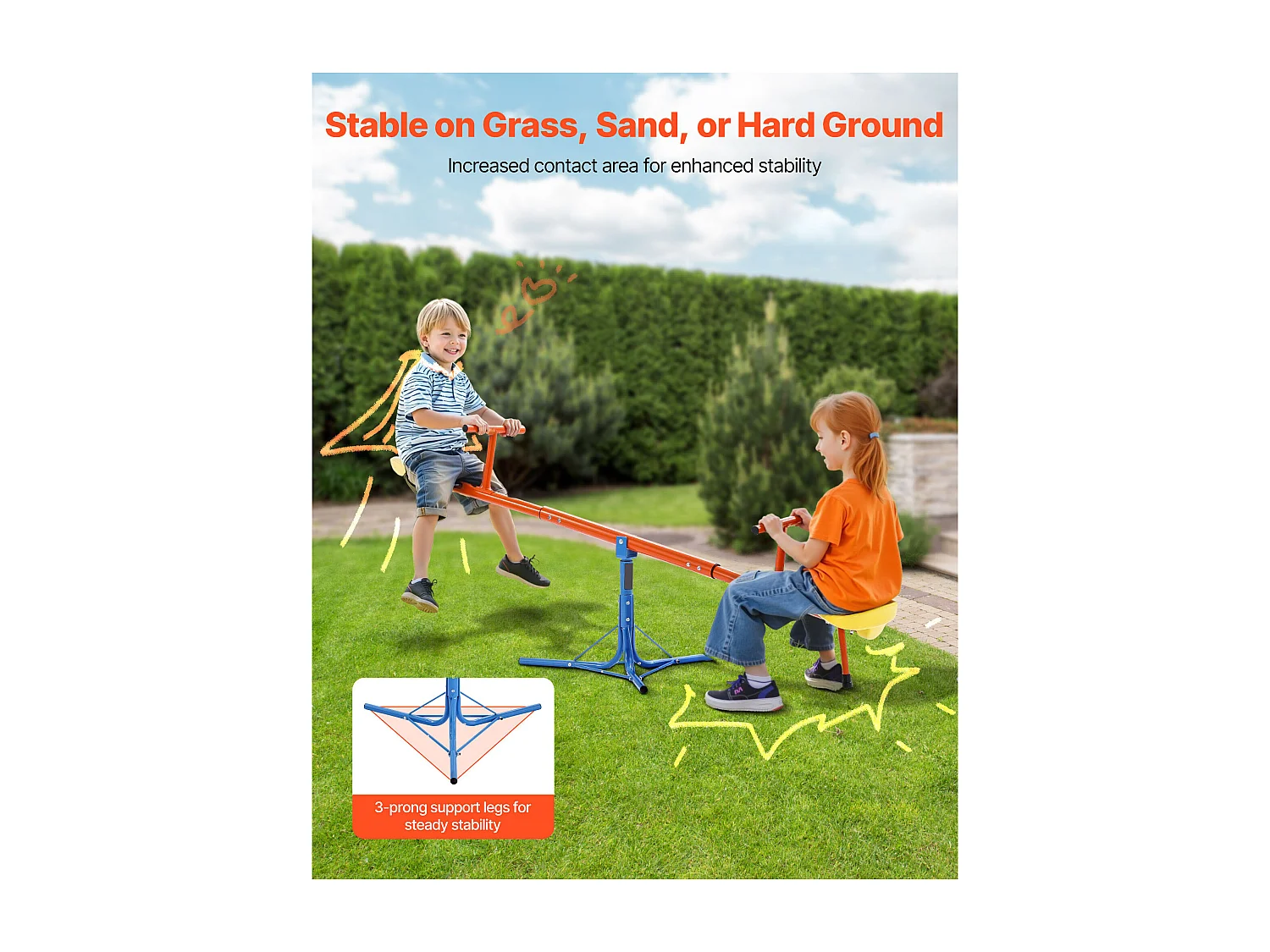 Columpio de Balancín SucceBuy para Niños, Capacidad 45,4 kg por Asiento, con Asas Ergonométricas, Patas de Soporte de 3 Ramas, Rotación 360°