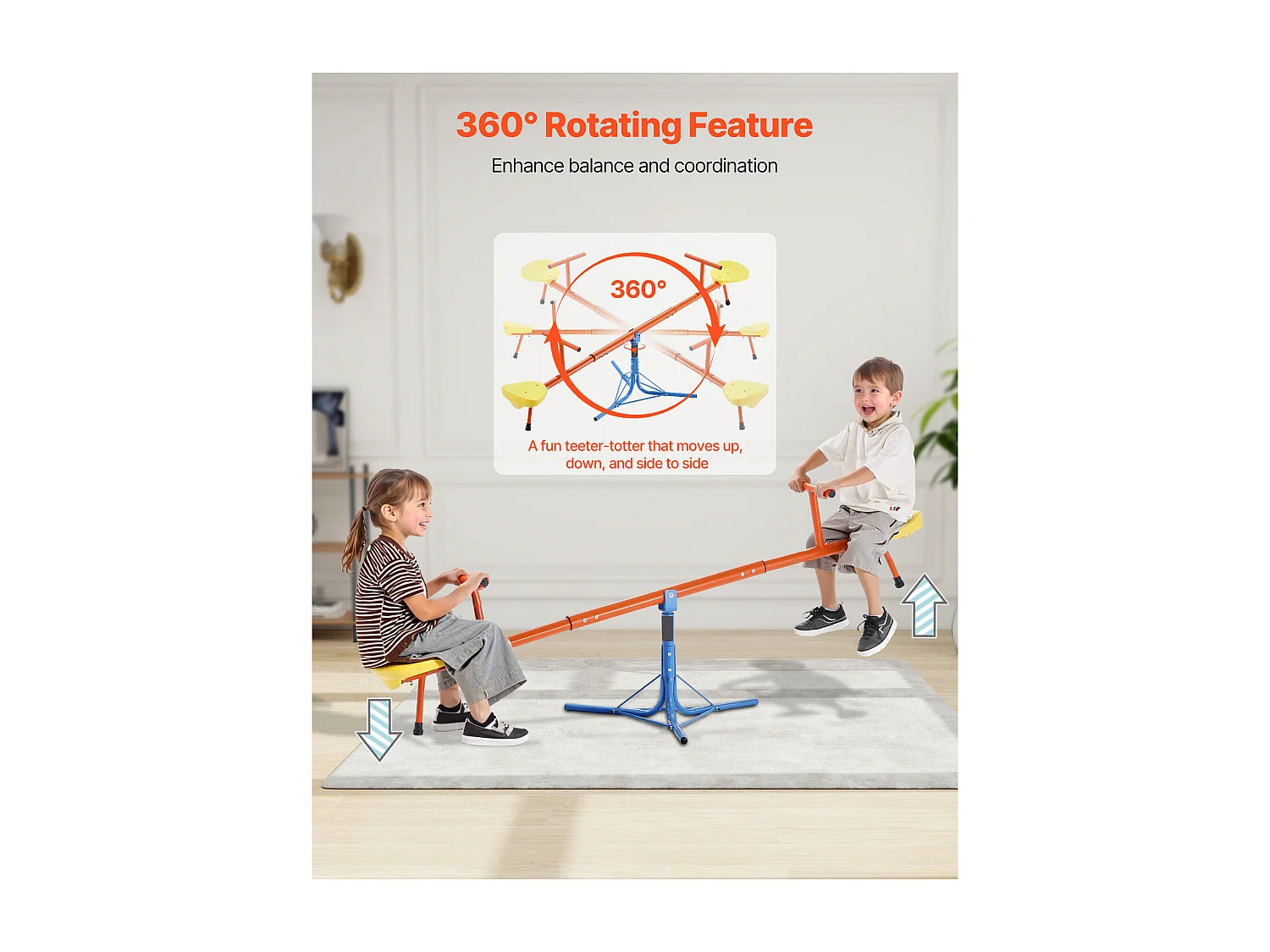 Columpio de Balancín SucceBuy para Niños, Capacidad 45,4 kg por Asiento, con Asas Ergonométricas, Patas de Soporte de 3 Ramas, Rotación 360°