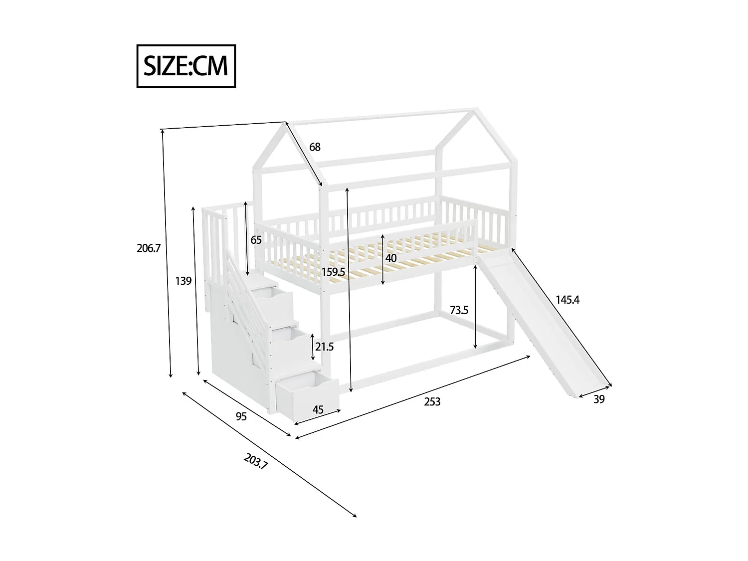 Kinderetagenbett 90*200cm, Hochbett mit Rutsche und Stauraumleiter, hohe Zaunkonstruktion, Massivholzbettrahmen, Lattenrost