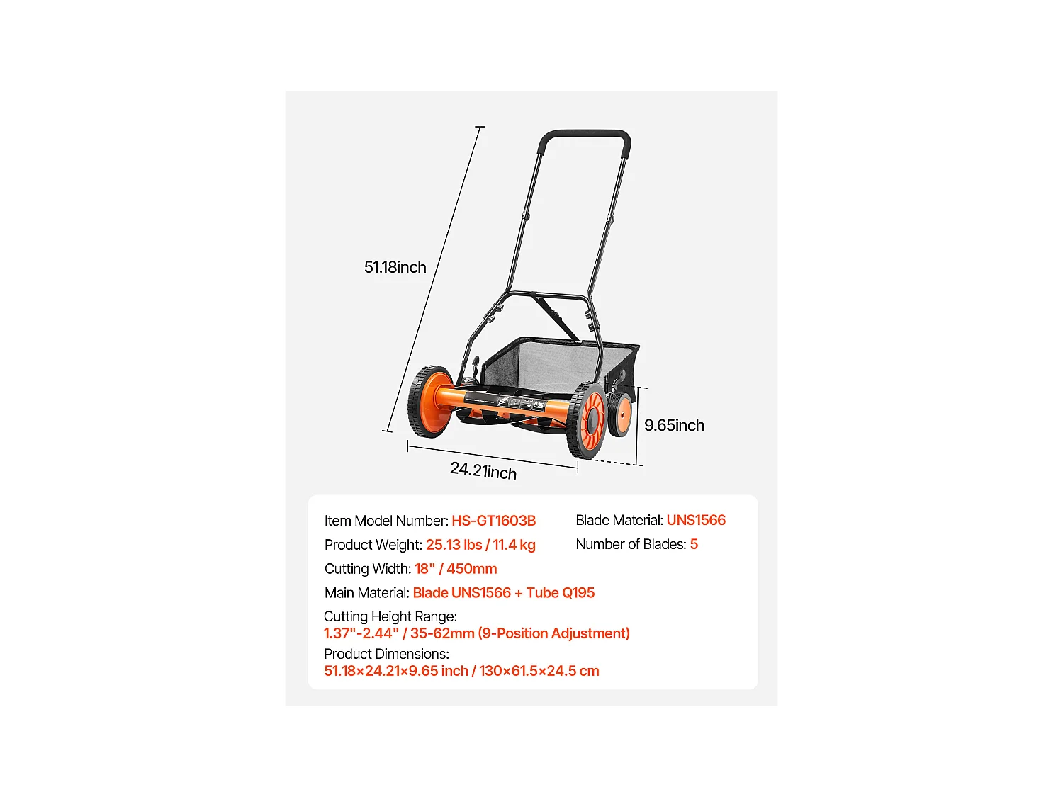 Tondeuse à Gazon SucceBuy Manuelle à Rouleau, Largeur de Coupe de 45 cm, Conception à 5 Lames, Hauteur de Coupe Réglable de 3,5 à 6,2 cm, Sac de Ramassage