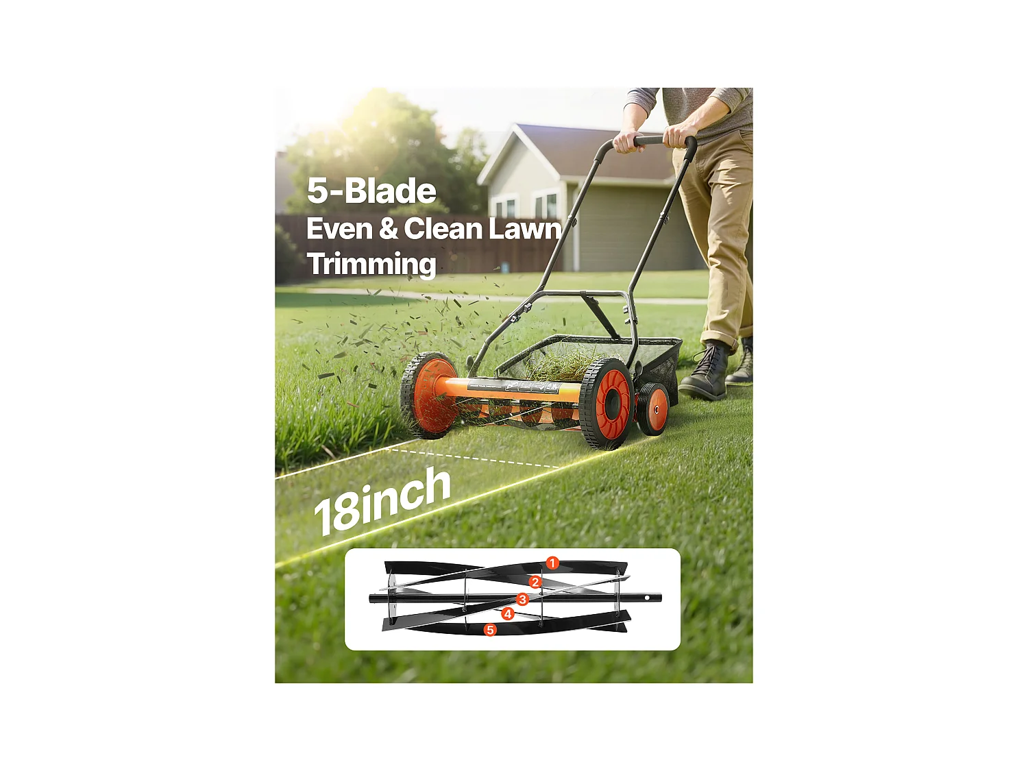 Tondeuse à Gazon SucceBuy Manuelle à Rouleau, Largeur de Coupe de 45 cm, Conception à 5 Lames, Hauteur de Coupe Réglable de 3,5 à 6,2 cm, Sac de Ramassage
