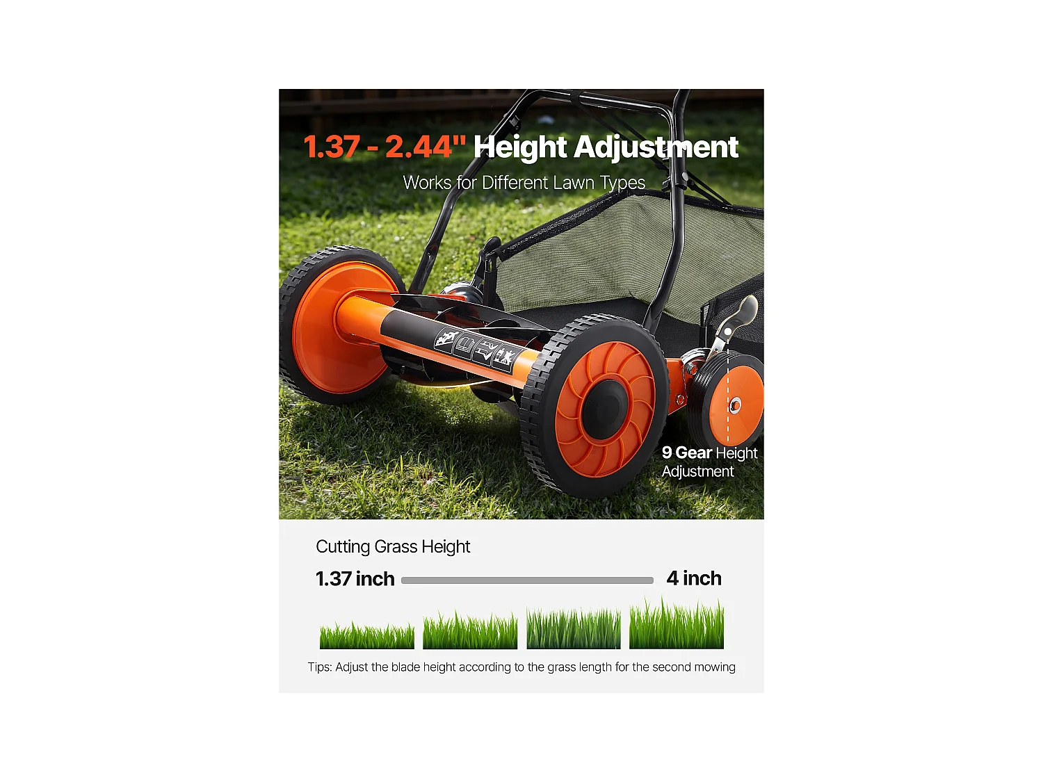 Tondeuse à Gazon SucceBuy Manuelle à Rouleau, Largeur de Coupe de 45 cm, Conception à 5 Lames, Hauteur de Coupe Réglable de 3,5 à 6,2 cm, Sac de Ramassage