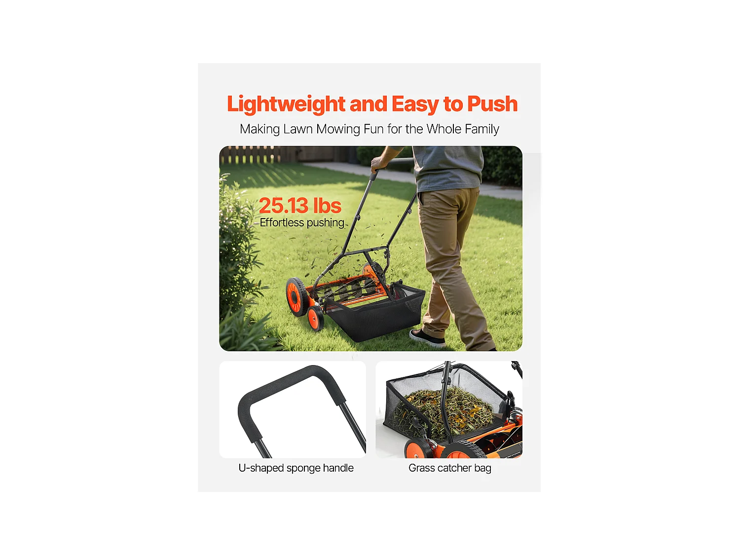 Tondeuse à Gazon SucceBuy Manuelle à Rouleau, Largeur de Coupe de 45 cm, Conception à 5 Lames, Hauteur de Coupe Réglable de 3,5 à 6,2 cm, Sac de Ramassage