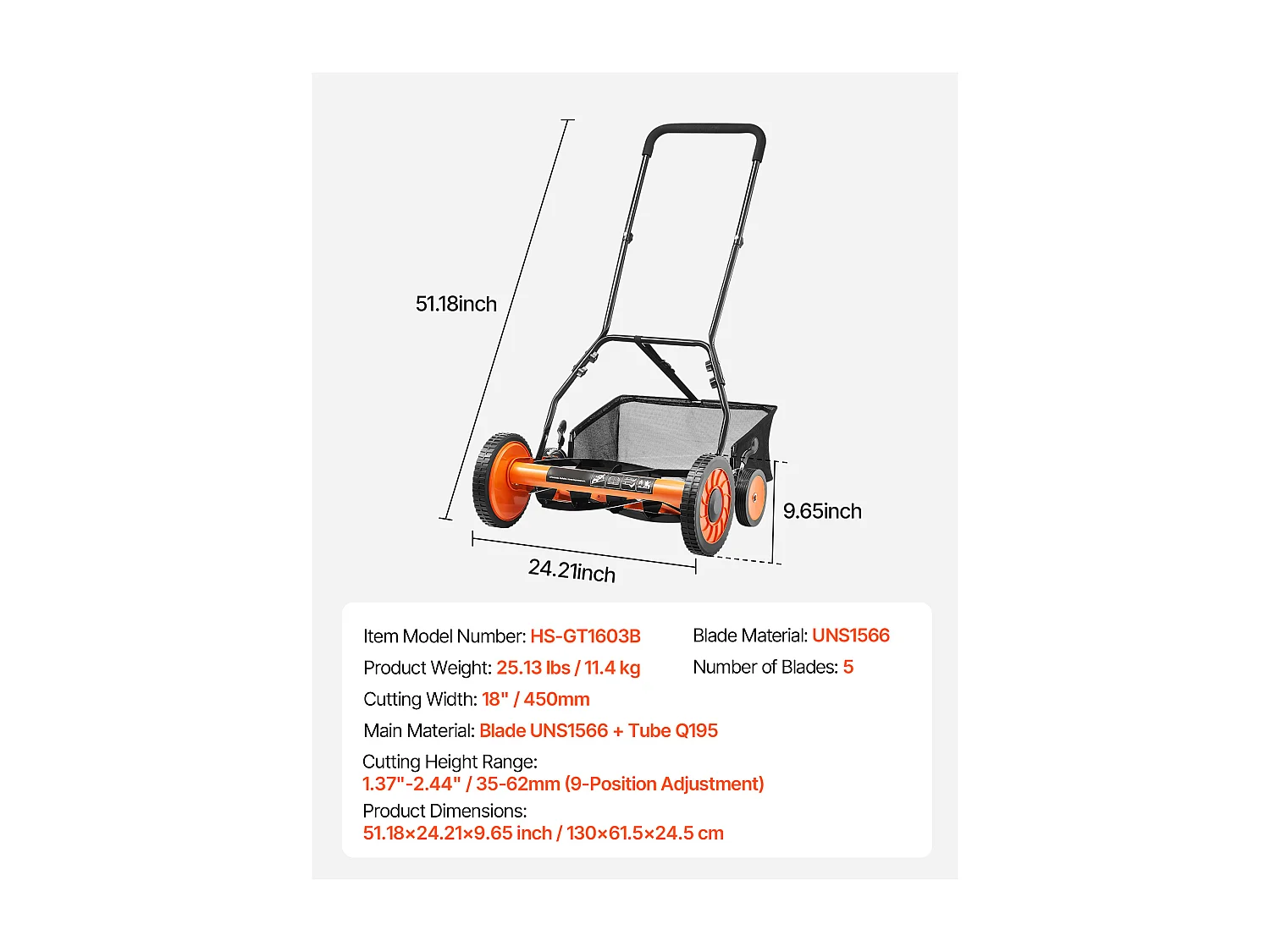 Tondeuse à Gazon SucceBuy Manuelle à Rouleau, Largeur de Coupe de 45 cm, Conception à 5 Lames, Hauteur de Coupe Réglable de 3,5 à 6,2 cm, Sac de Ramassage