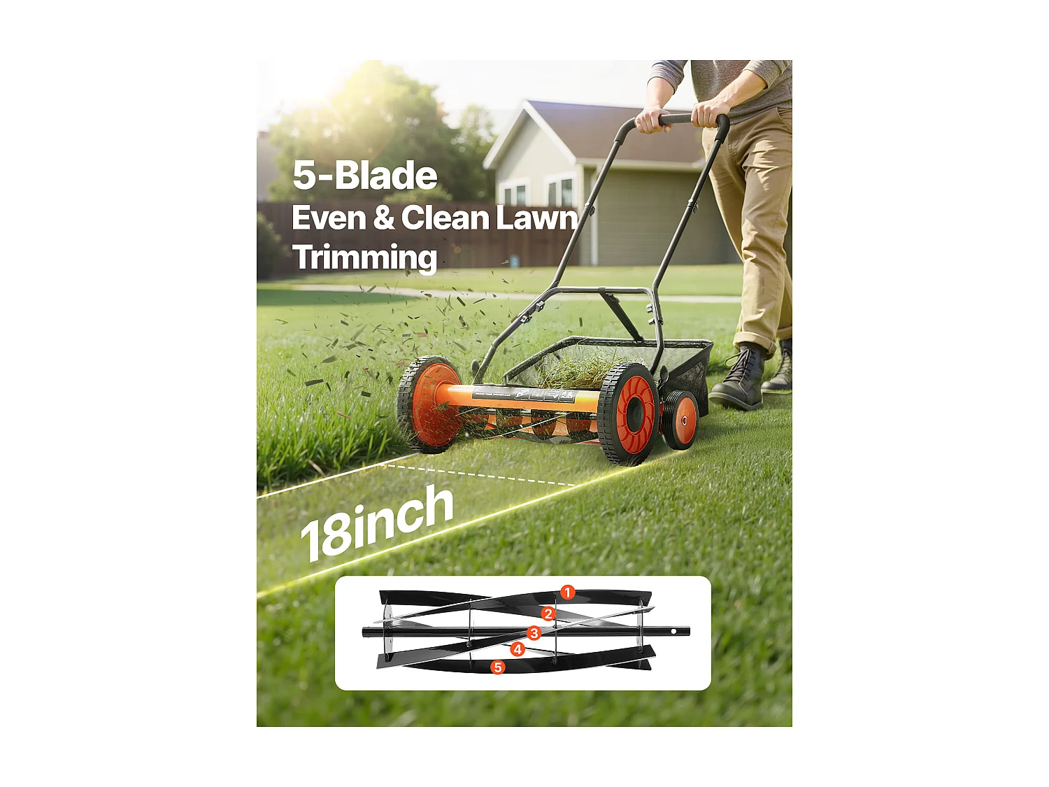 Tondeuse à Gazon SucceBuy Manuelle à Rouleau, Largeur de Coupe de 45 cm, Conception à 5 Lames, Hauteur de Coupe Réglable de 3,5 à 6,2 cm, Sac de Ramassage