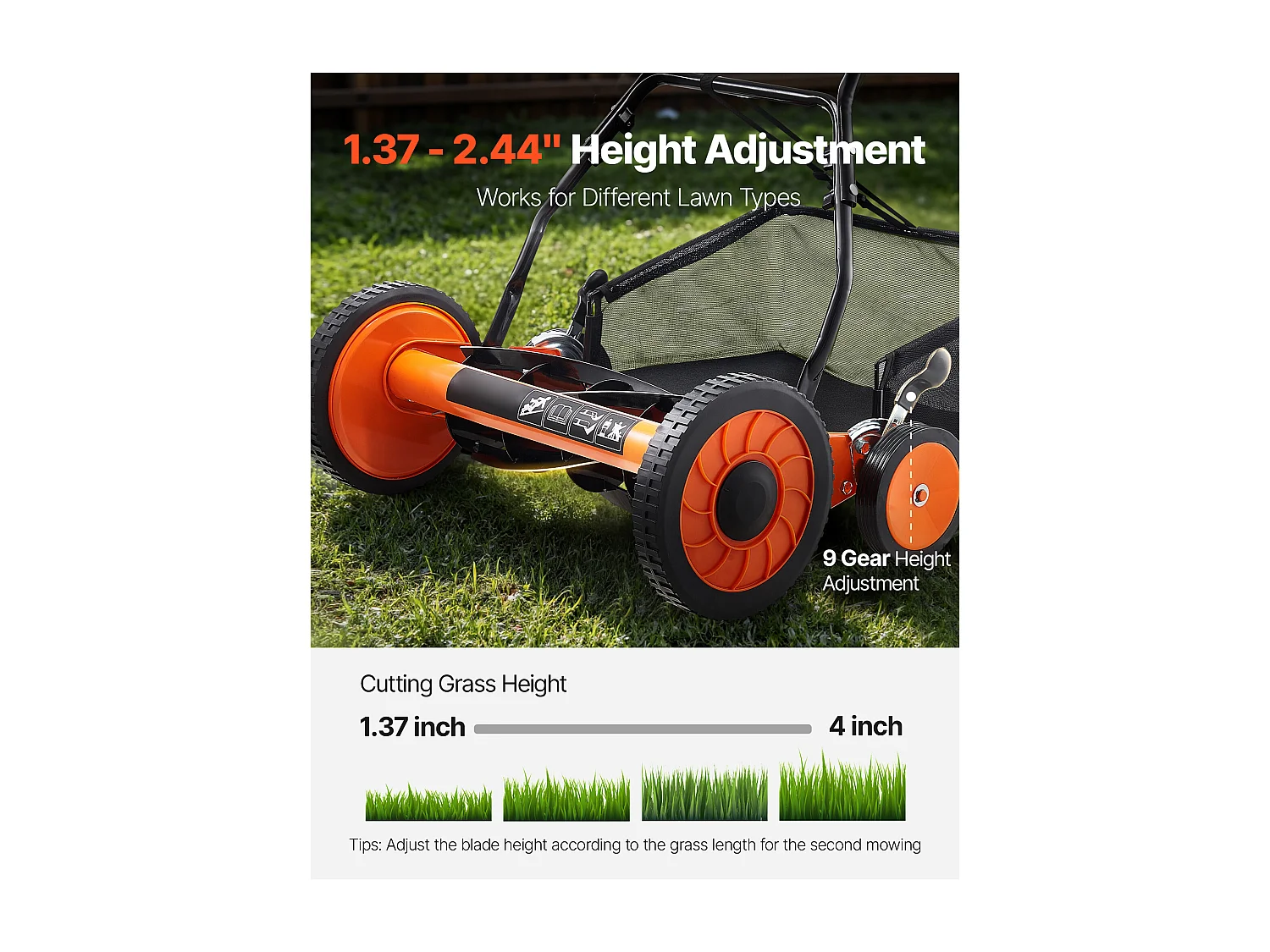Tondeuse à Gazon SucceBuy Manuelle à Rouleau, Largeur de Coupe de 45 cm, Conception à 5 Lames, Hauteur de Coupe Réglable de 3,5 à 6,2 cm, Sac de Ramassage