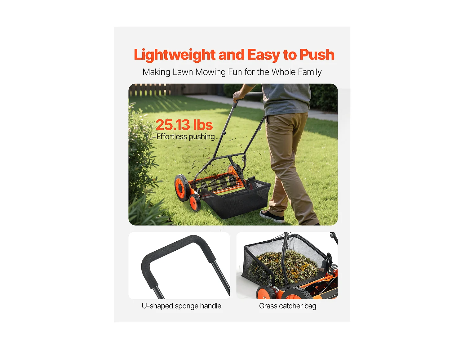 Tondeuse à Gazon SucceBuy Manuelle à Rouleau, Largeur de Coupe de 45 cm, Conception à 5 Lames, Hauteur de Coupe Réglable de 3,5 à 6,2 cm, Sac de Ramassage