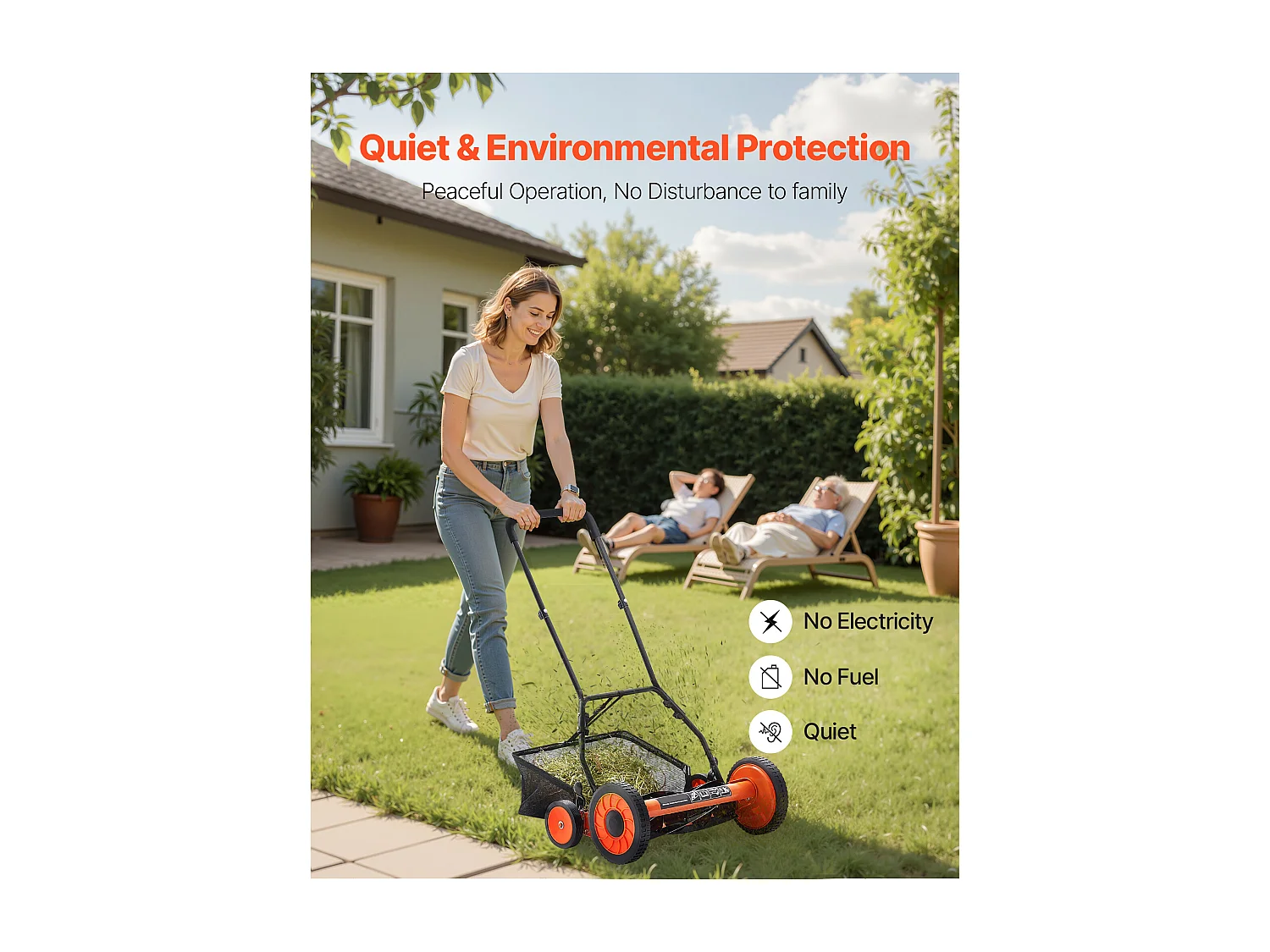 Tondeuse à Gazon SucceBuy Manuelle à Rouleau, Largeur de Coupe de 45 cm, Conception à 5 Lames, Hauteur de Coupe Réglable de 3,5 à 6,2 cm, Sac de Ramassage