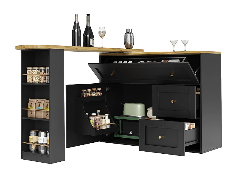 Ausziehbarer Bartisch mit Stauraum(Schwarz)Küchenschrank,Sideboard mit Snackregal,Teleskopischer Bartisch,Stehtisch Bistrotisch Hochtisch Kücheninsel