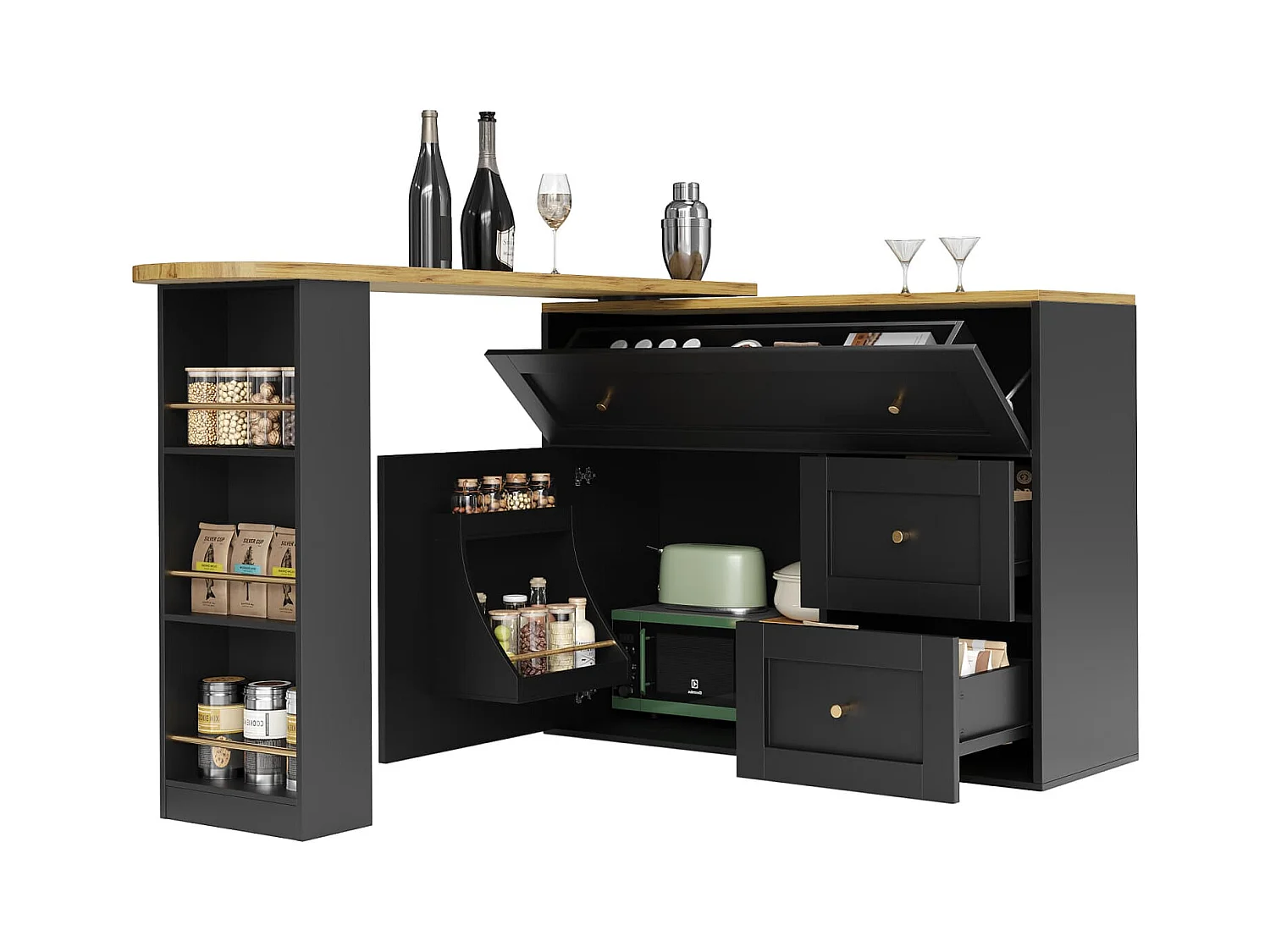 Ausziehbarer Bartisch mit Stauraum(Schwarz)Küchenschrank,Sideboard mit Snackregal,Teleskopischer Bartisch,Stehtisch Bistrotisch Hochtisch Kücheninsel