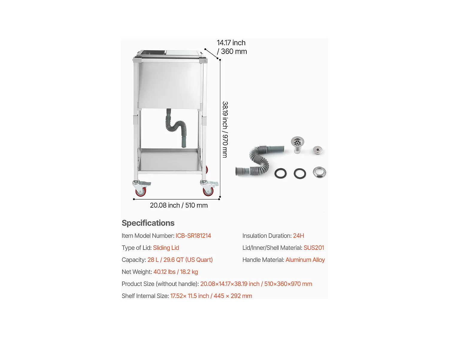 Lodówka na Kółkach SucceBuy, 51 x 36 x 97 cm, Stal Nierdzewna, Wbudowany Pojemnik na Lód z Półką, 28 L, na Patio, do Ogrodu, Baru, Restauracji