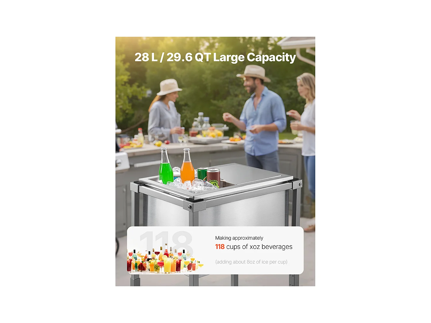 Lodówka na Kółkach SucceBuy, 51 x 36 x 97 cm, Stal Nierdzewna, Wbudowany Pojemnik na Lód z Półką, 28 L, na Patio, do Ogrodu, Baru, Restauracji