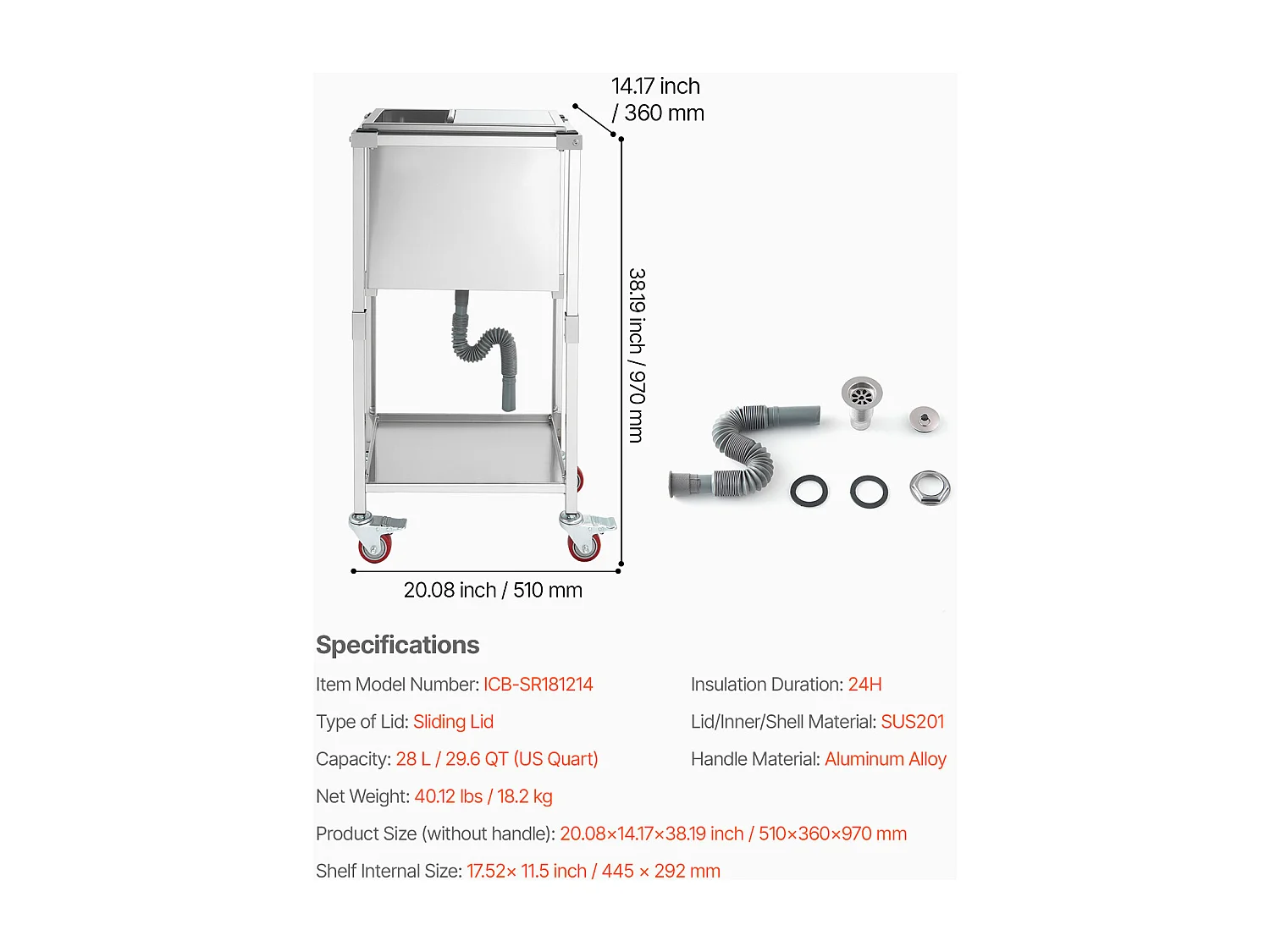 Glacière à Roulettes SucceBuy, 51 x 36 x 97 cm, Bac à Glace Encastrable Roulant en Acier Inoxydable avec Étagère, 28 L, pour Terrasse, Jardin, Bar, Rrestaurant
