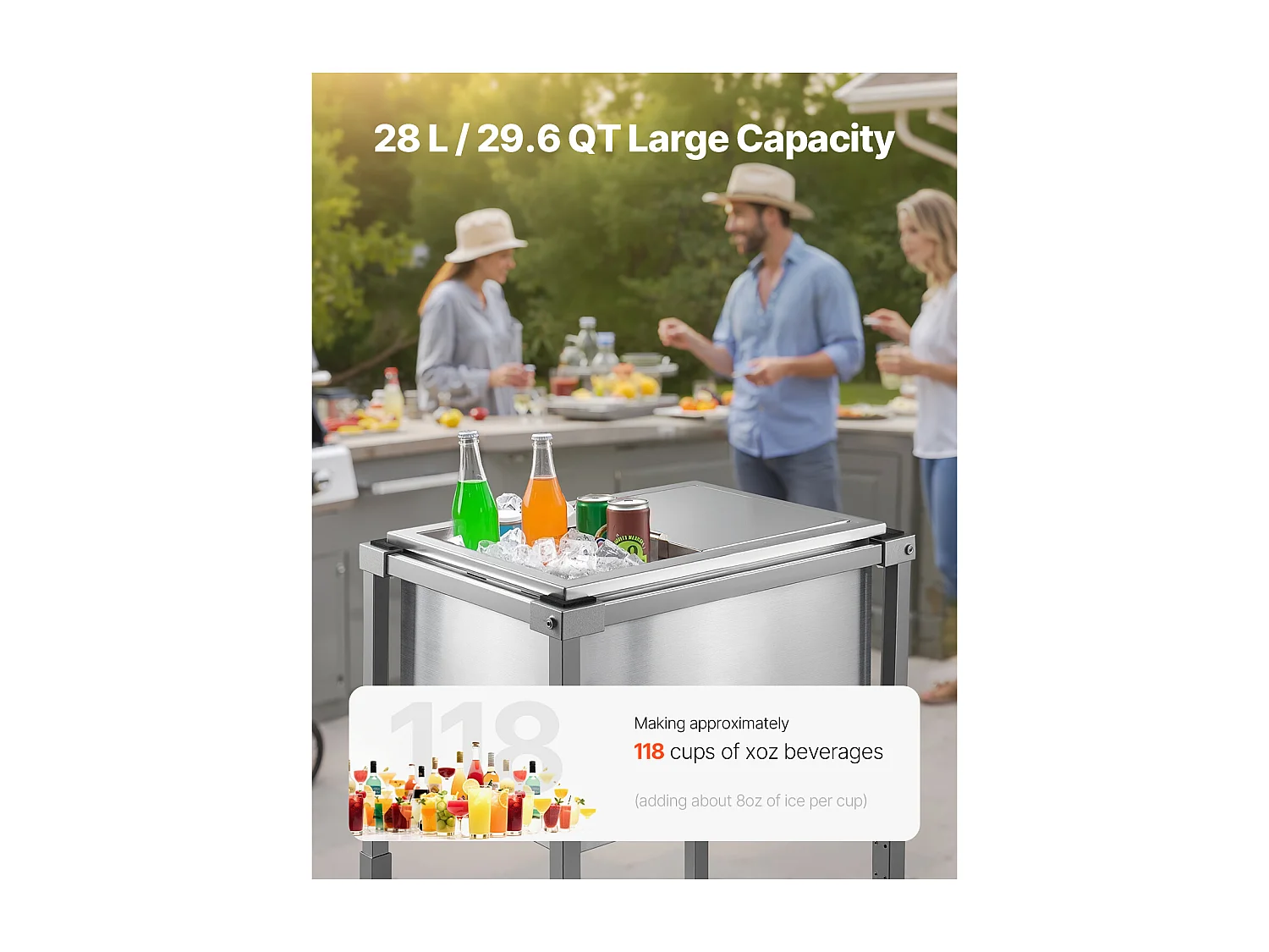 Glacière à Roulettes SucceBuy, 51 x 36 x 97 cm, Bac à Glace Encastrable Roulant en Acier Inoxydable avec Étagère, 28 L, pour Terrasse, Jardin, Bar, Rrestaurant