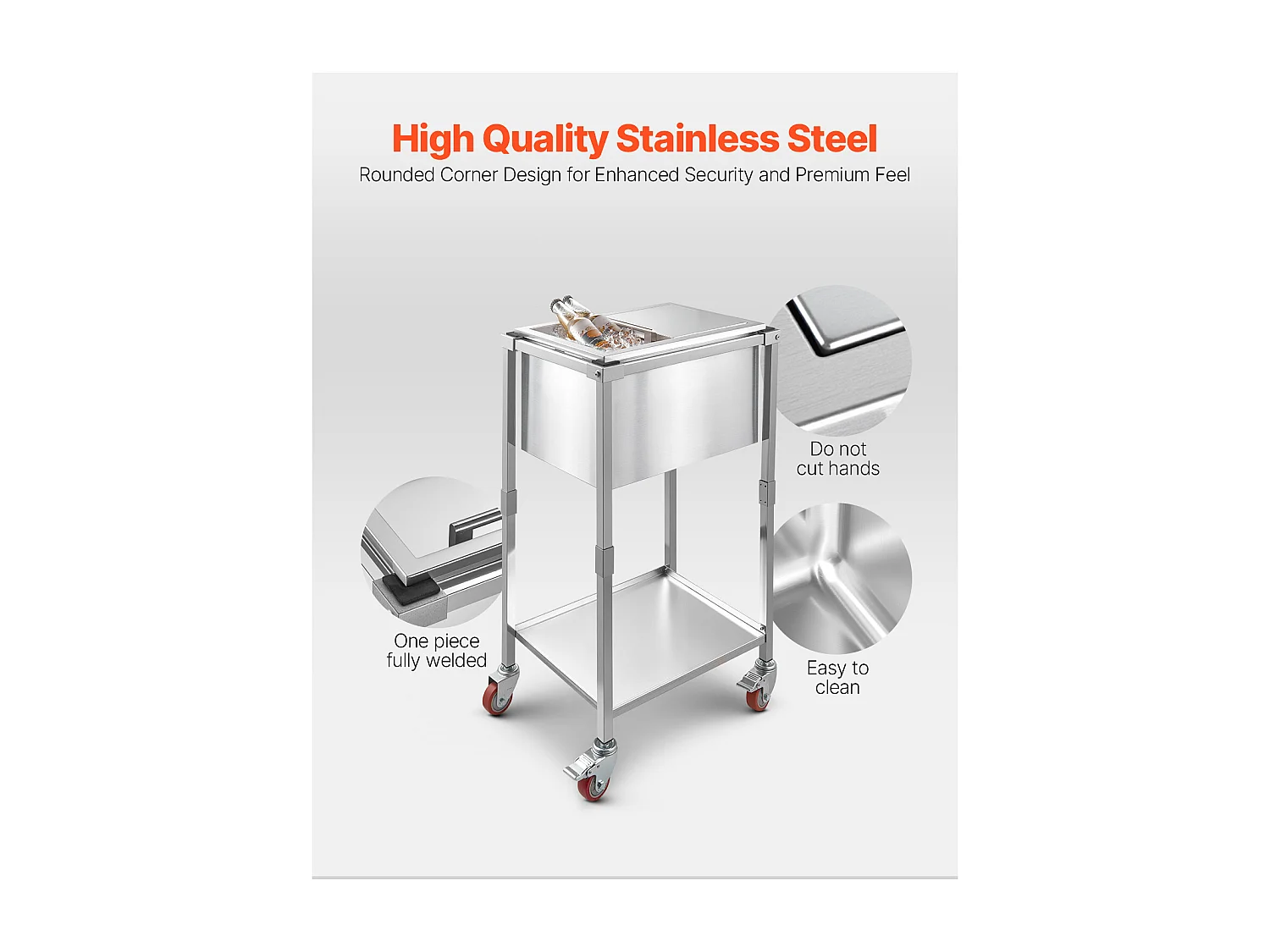 Glacière à Roulettes SucceBuy, 51 x 36 x 97 cm, Bac à Glace Encastrable Roulant en Acier Inoxydable avec Étagère, 28 L, pour Terrasse, Jardin, Bar, Rrestaurant