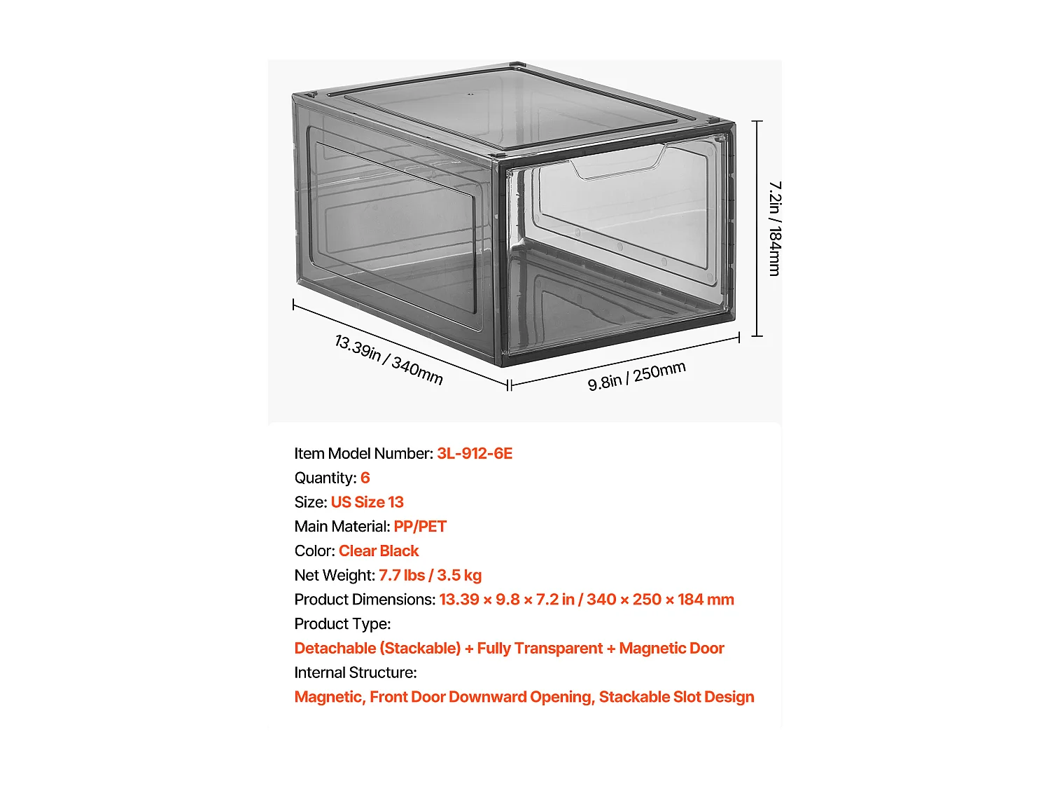 Cajas de Zapatos Apilables SucceBuy Lote de 6, Adecuadas para Tallas hasta US 13, de Plástico Robusto con Puerta Magnética, Ideales para Tacones