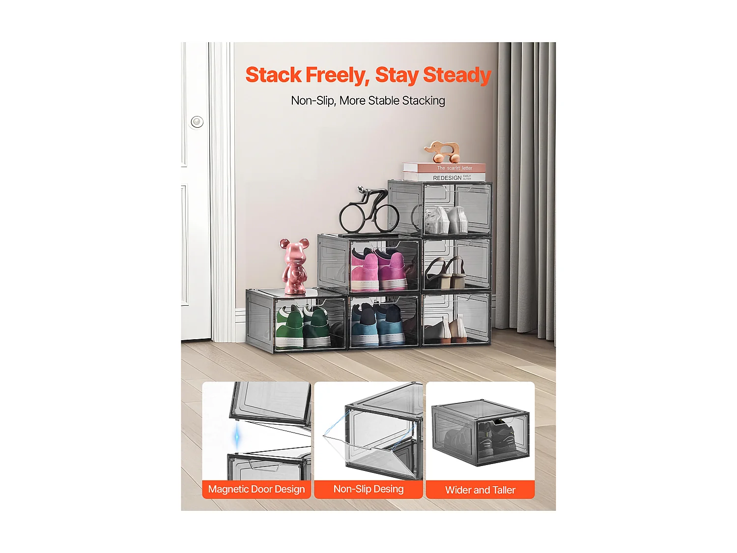 Cajas de Zapatos Apilables SucceBuy Lote de 6, Adecuadas para Tallas hasta US 13, de Plástico Robusto con Puerta Magnética, Ideales para Tacones