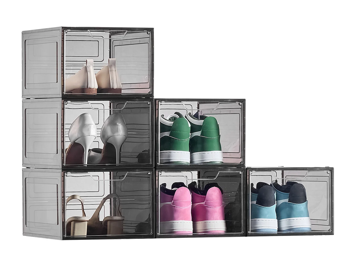 Cajas de Zapatos Apilables SucceBuy Lote de 6, Adecuadas para Tallas hasta US 13, de Plástico Robusto con Puerta Magnética, Ideales para Tacones