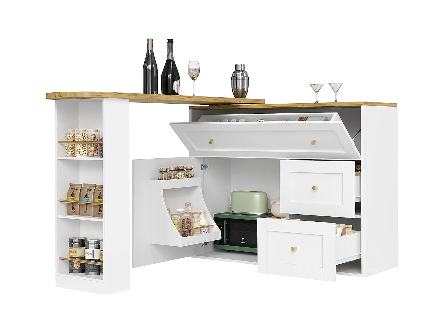 Ausziehbarer Bartisch mit Stauraum(weiß)Küchenschrank,Sideboard mit Snackregal,Teleskopischer Bartisch,Stehtisch Bistrotisch Hochtisch Kücheninsel