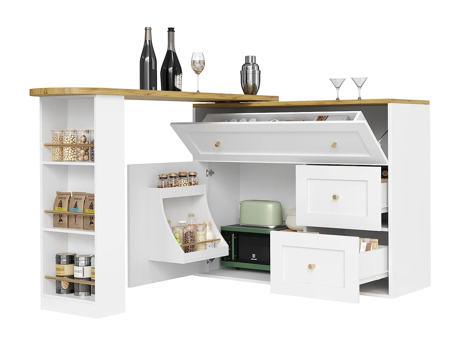 Ausziehbarer Bartisch mit Stauraum(weiß)Küchenschrank,Sideboard mit Snackregal,Teleskopischer Bartisch,Stehtisch Bistrotisch Hochtisch Kücheninsel