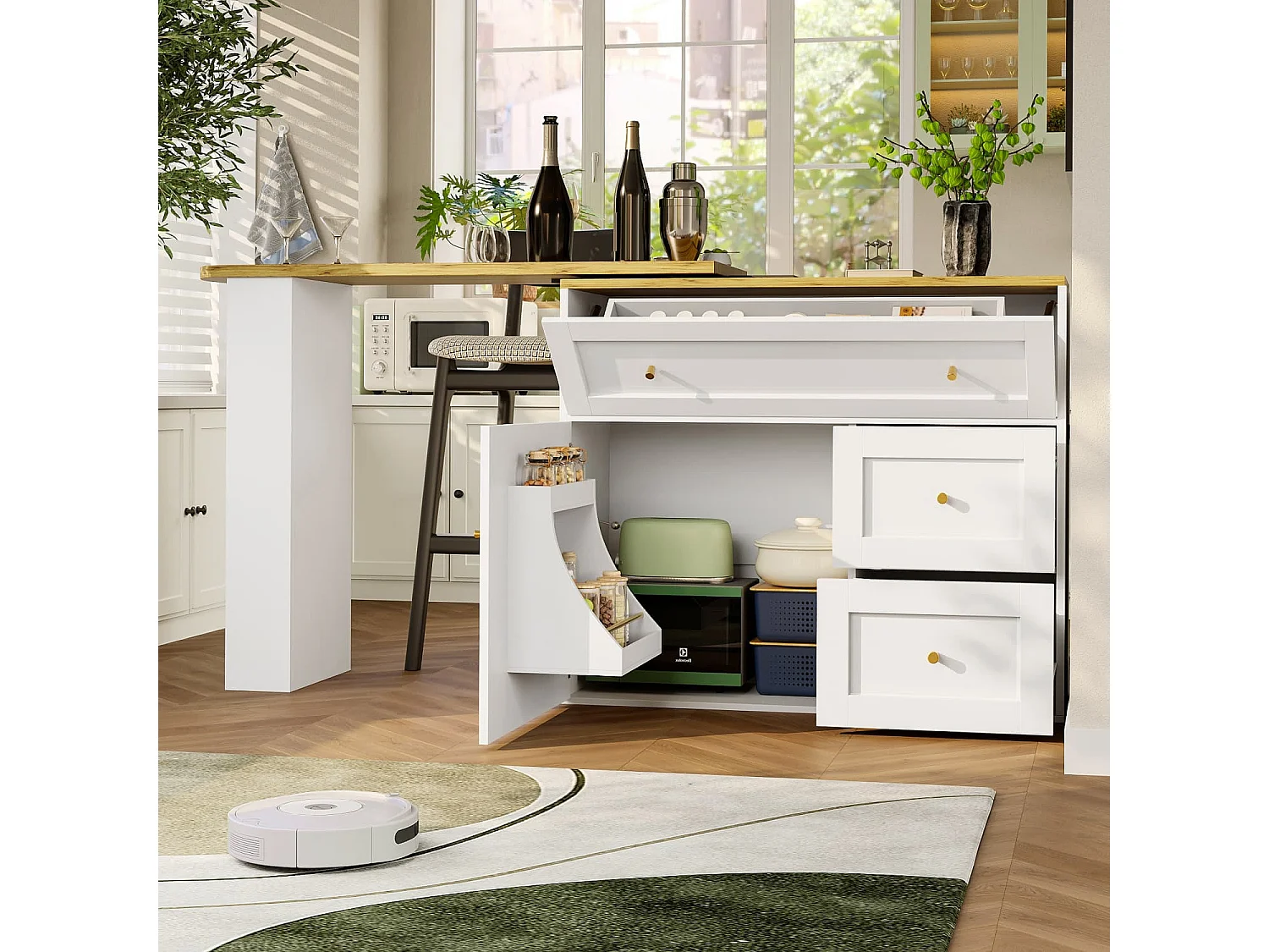 Ausziehbarer Bartisch mit Stauraum(weiß)Küchenschrank,Sideboard mit Snackregal,Teleskopischer Bartisch,Stehtisch Bistrotisch Hochtisch Kücheninsel