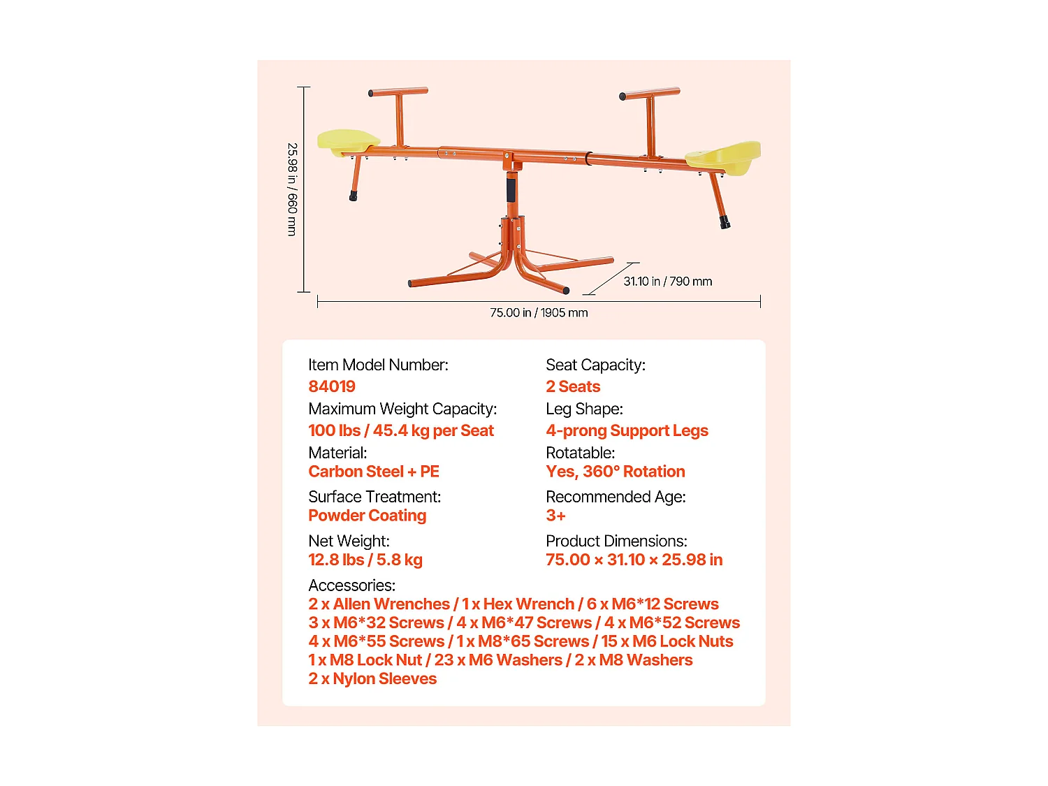 Balançoire à Bascule SucceBuy pour Enfants, Capacité de 45,4 kg par Siège, Équipée de Poignées Ergonomiques, Pieds de Support à 4 Branches, Rotation à 360°