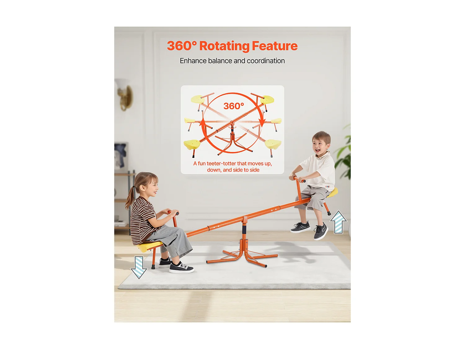 Balançoire à Bascule SucceBuy pour Enfants, Capacité de 45,4 kg par Siège, Équipée de Poignées Ergonomiques, Pieds de Support à 4 Branches, Rotation à 360°