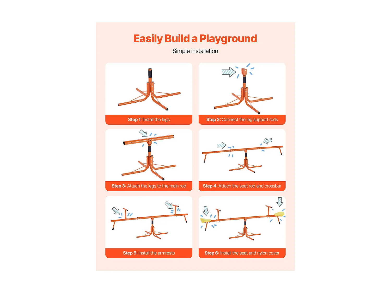 Balançoire à Bascule SucceBuy pour Enfants, Capacité de 45,4 kg par Siège, Équipée de Poignées Ergonomiques, Pieds de Support à 4 Branches, Rotation à 360°
