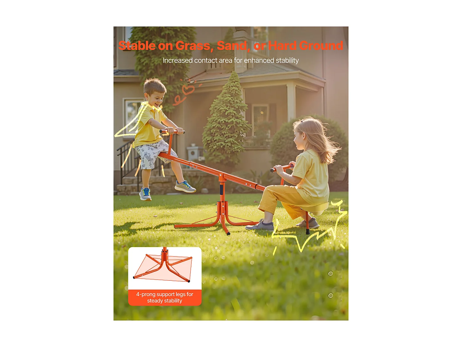 Balançoire à Bascule SucceBuy pour Enfants, Capacité de 45,4 kg par Siège, Équipée de Poignées Ergonomiques, Pieds de Support à 4 Branches, Rotation à 360°