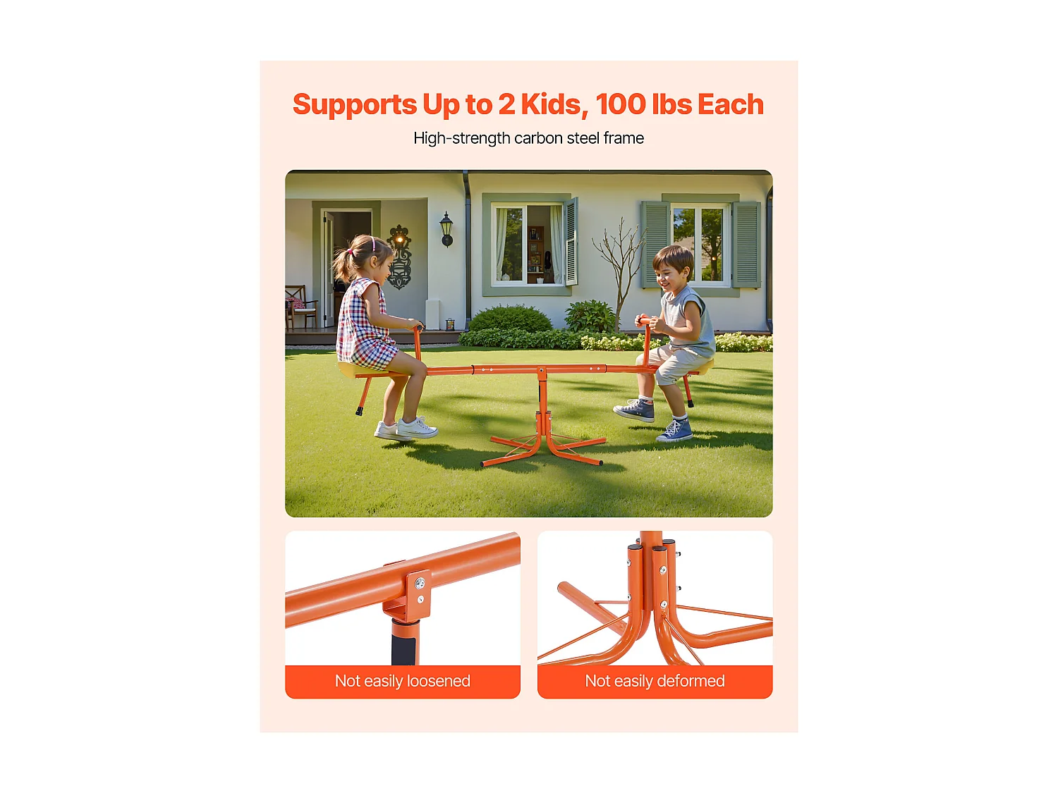 Balançoire à Bascule SucceBuy pour Enfants, Capacité de 45,4 kg par Siège, Équipée de Poignées Ergonomiques, Pieds de Support à 4 Branches, Rotation à 360°