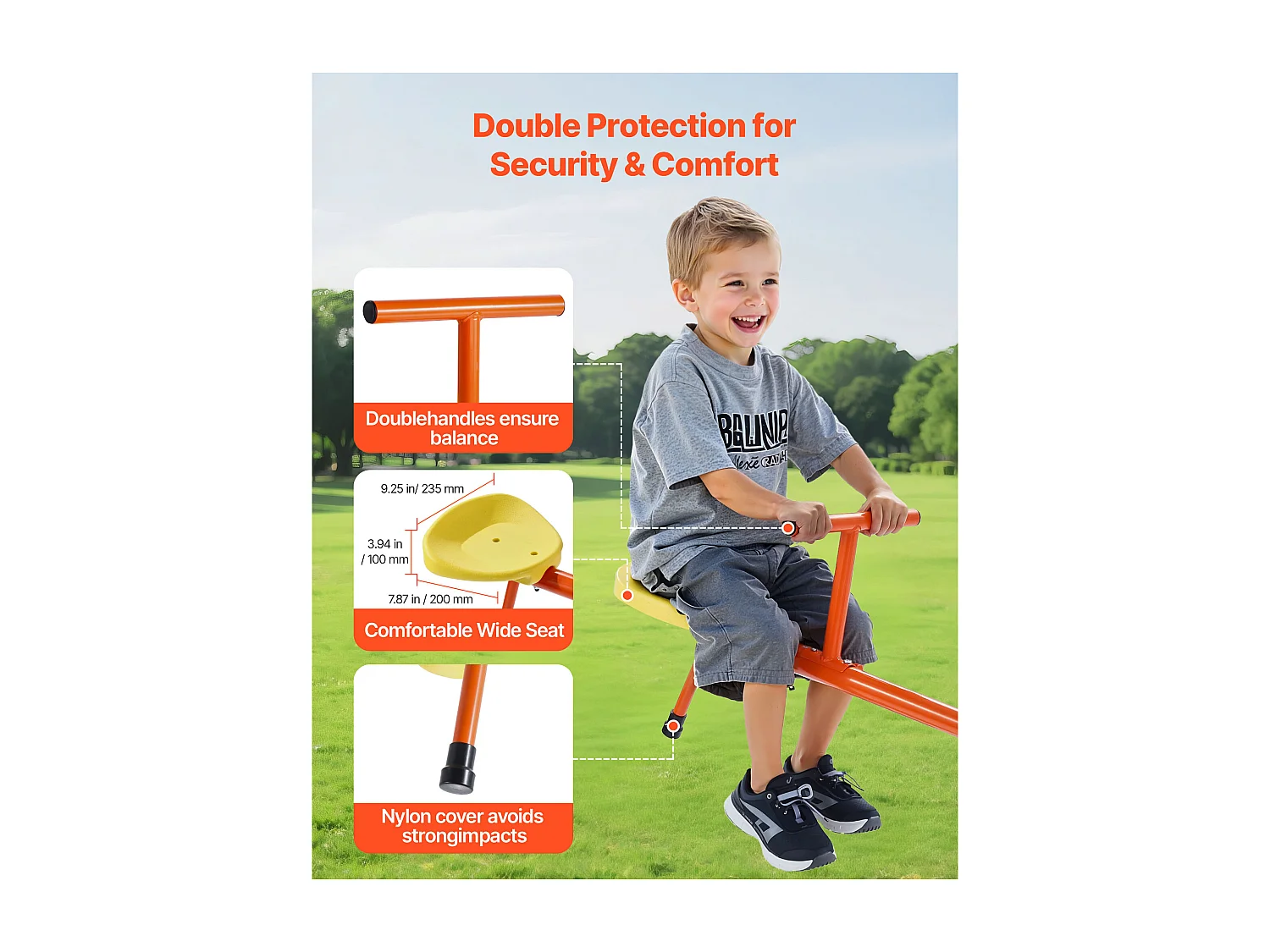 Balançoire à Bascule SucceBuy pour Enfants, Capacité de 45,4 kg par Siège, Équipée de Poignées Ergonomiques, Pieds de Support à 4 Branches, Rotation à 360°