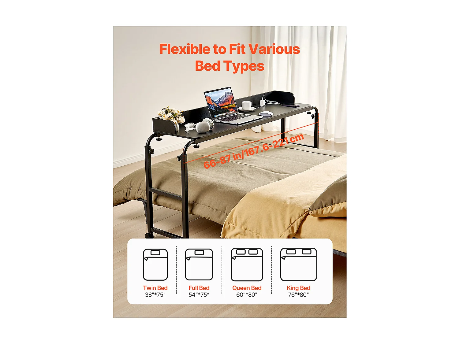 Mobiele Bedtafel Bijzettafel SucceBuy, met 4 Wielen en Stopcontact, in Hoogte Verstelbaar Bureau Boven het Bed voor Thuis, Kantoor, Zwart