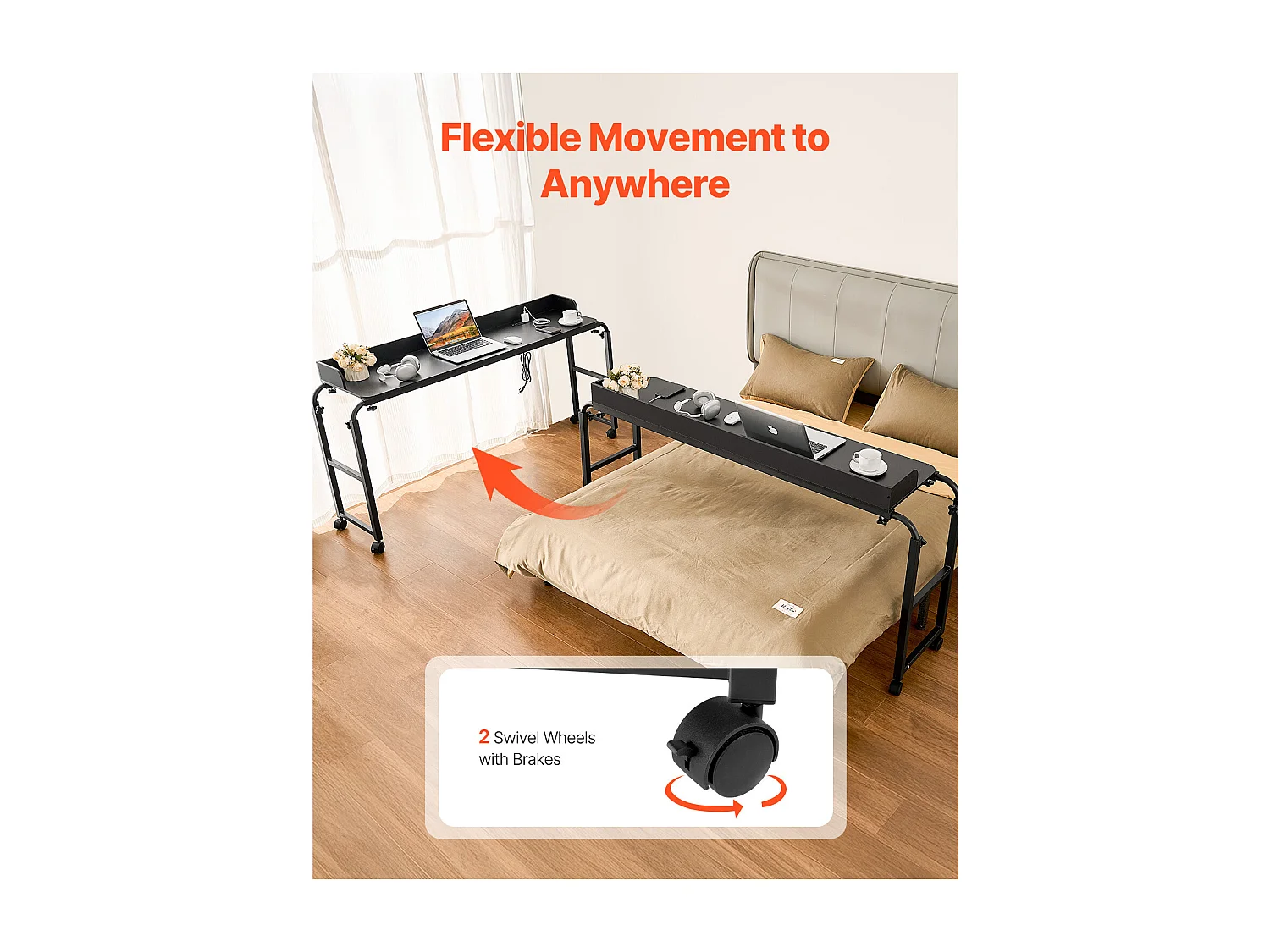 Mobiele Bedtafel Bijzettafel SucceBuy, met 4 Wielen en Stopcontact, in Hoogte Verstelbaar Bureau Boven het Bed voor Thuis, Kantoor, Zwart