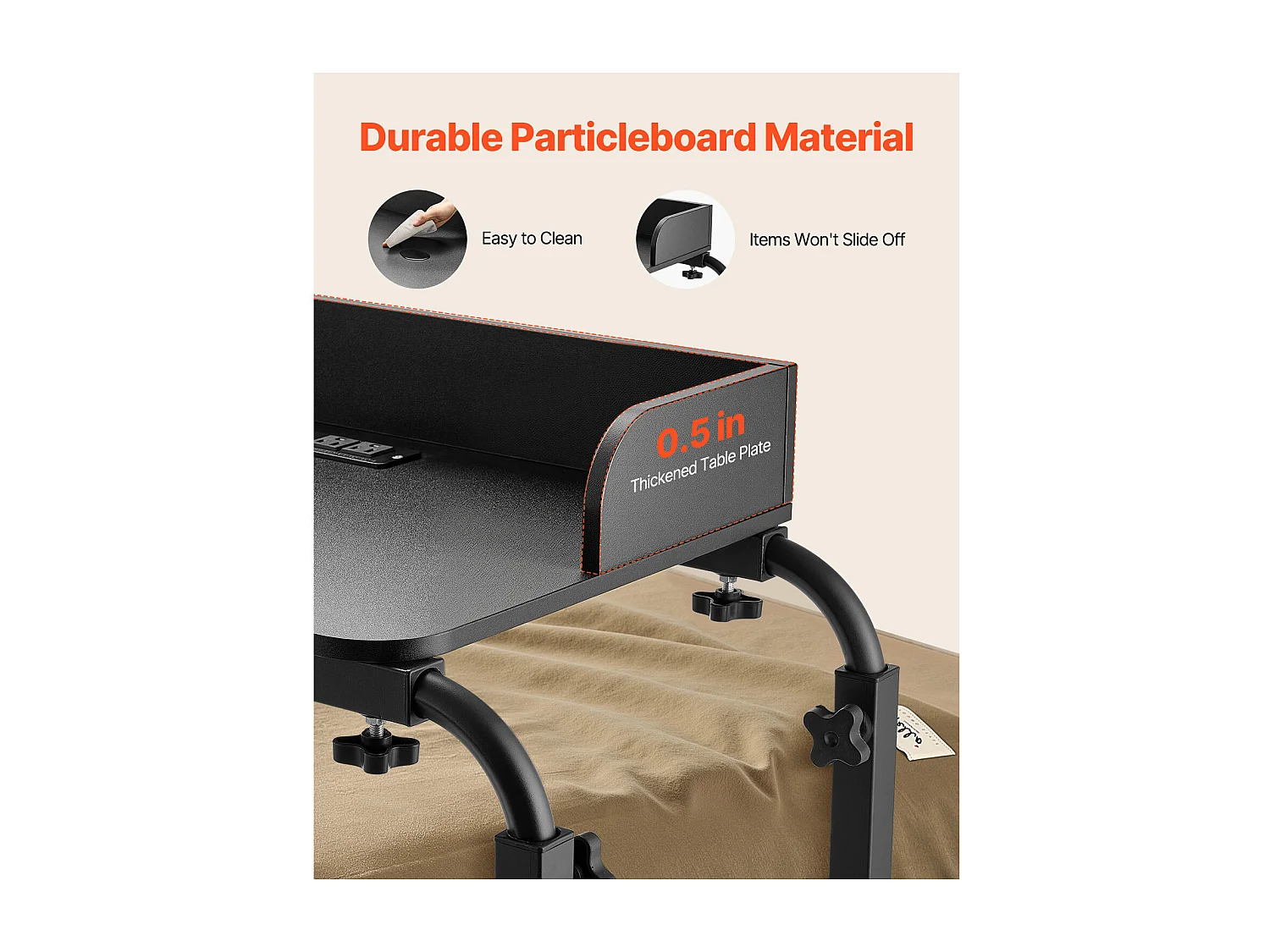 Mobiele Bedtafel Bijzettafel SucceBuy, met 4 Wielen en Stopcontact, in Hoogte Verstelbaar Bureau Boven het Bed voor Thuis, Kantoor, Zwart