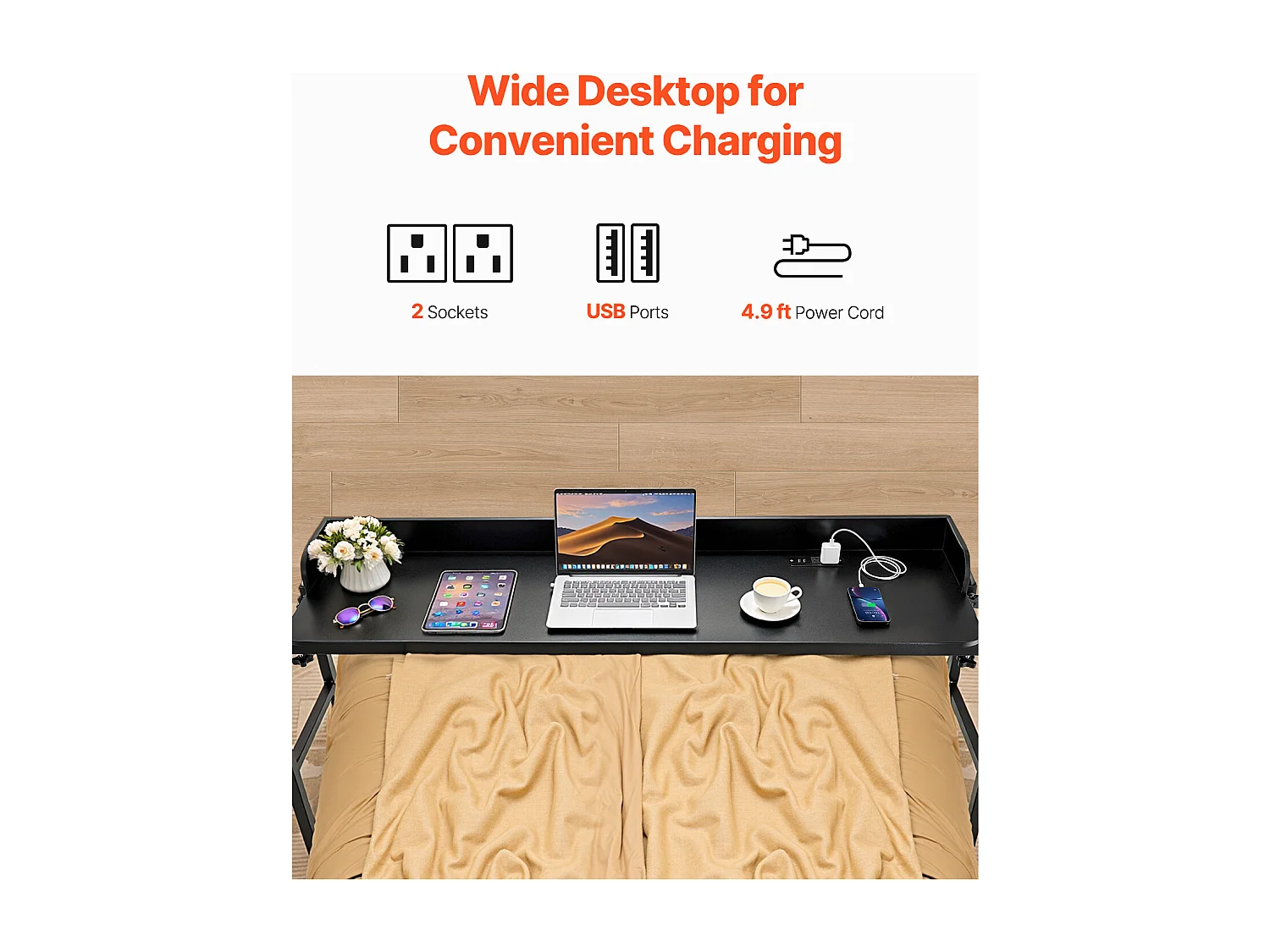 Table de Lit Mobile SucceBuy, Table d'Appoint avec 4 Roulettes et Prise de Courant, Bureau au-Dessus du Lit Réglable en Hauteur, pour Maison, Bureau, Noir