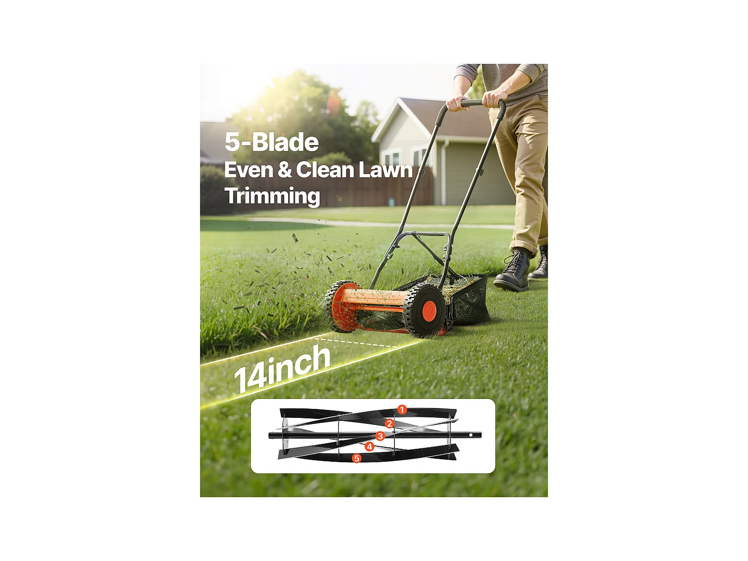 Tondeuse à Gazon SucceBuy Manuelle, Largeur de Coupe 35cm, 5 Lames en Acier, Hauteur de Coupe Ajustable de 1.5 à 4.5 cm, Équipée d'un Bac de Ramassage