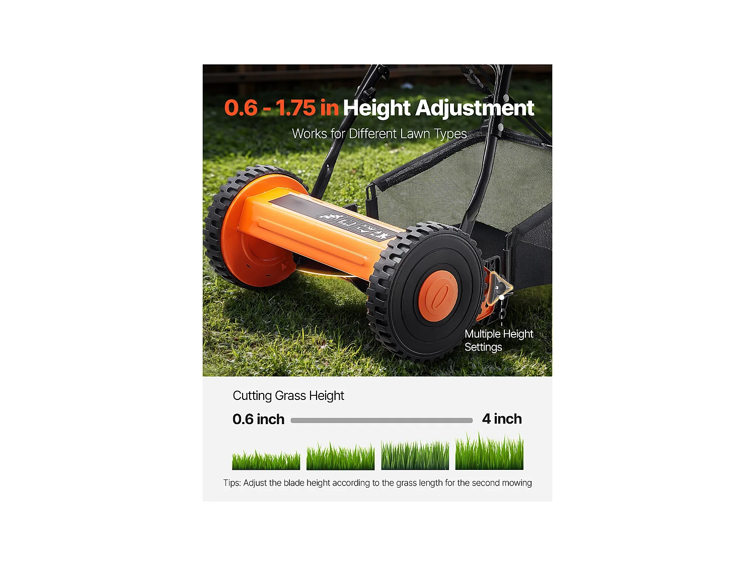 Tondeuse à Gazon SucceBuy Manuelle, Largeur de Coupe 35cm, 5 Lames en Acier, Hauteur de Coupe Ajustable de 1.5 à 4.5 cm, Équipée d'un Bac de Ramassage