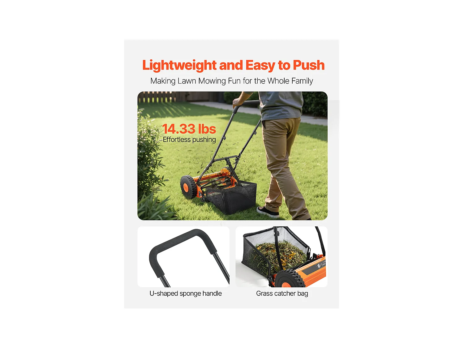 Tondeuse à Gazon SucceBuy Manuelle, Largeur de Coupe 35cm, 5 Lames en Acier, Hauteur de Coupe Ajustable de 1.5 à 4.5 cm, Équipée d'un Bac de Ramassage