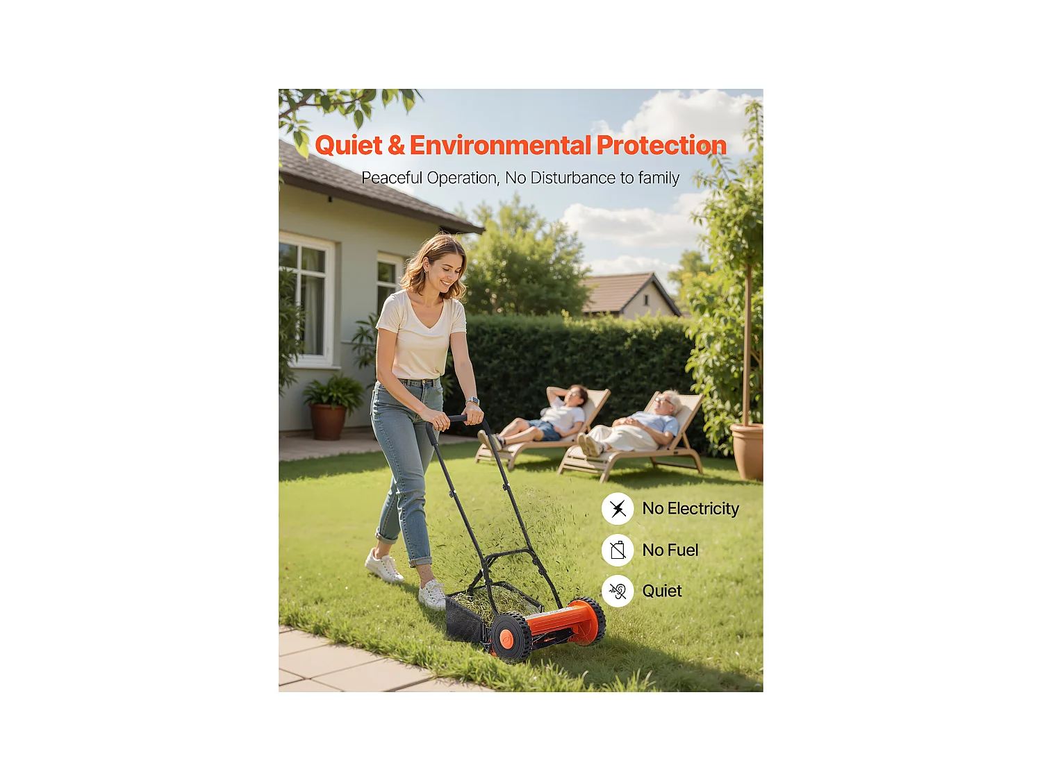 Tondeuse à Gazon SucceBuy Manuelle, Largeur de Coupe 35cm, 5 Lames en Acier, Hauteur de Coupe Ajustable de 1.5 à 4.5 cm, Équipée d'un Bac de Ramassage